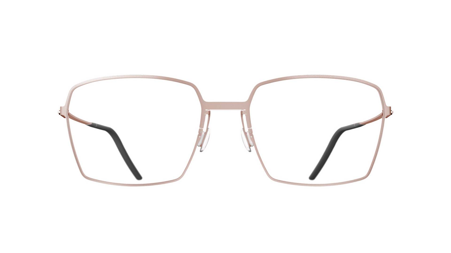 A pair of modern, geometric eyeglasses with thin, light-colored metal frames and black temple tips, displayed on a transparent background.