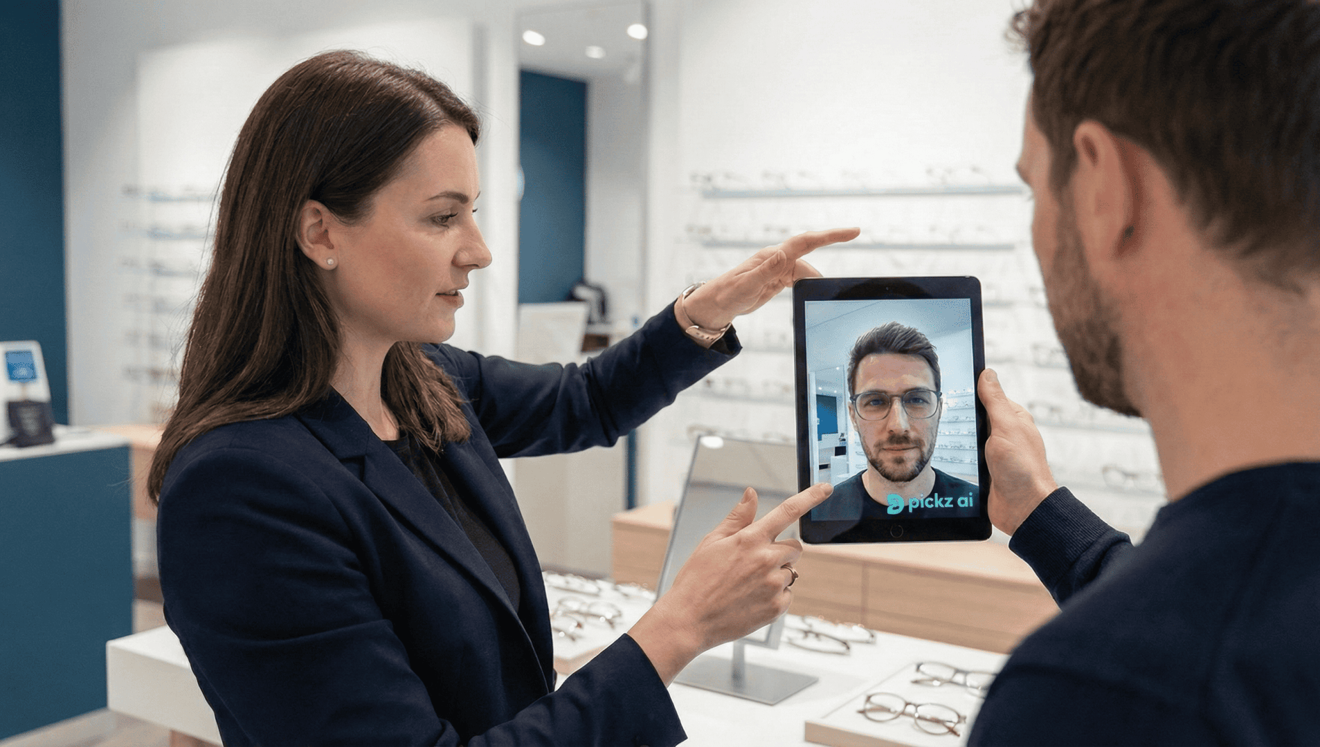 A woman is holding a tablet on which the face of a man standing in front of her is depicted. The setting appears to be an eyewear store, with showcases and glasses in the background.