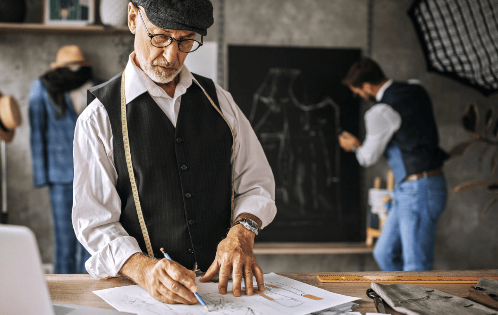 An older man in a vest, flat cap, and tape measure drafts clothing patterns at a desk, while another man sketches designs on a blackboard in a stylish workshop.