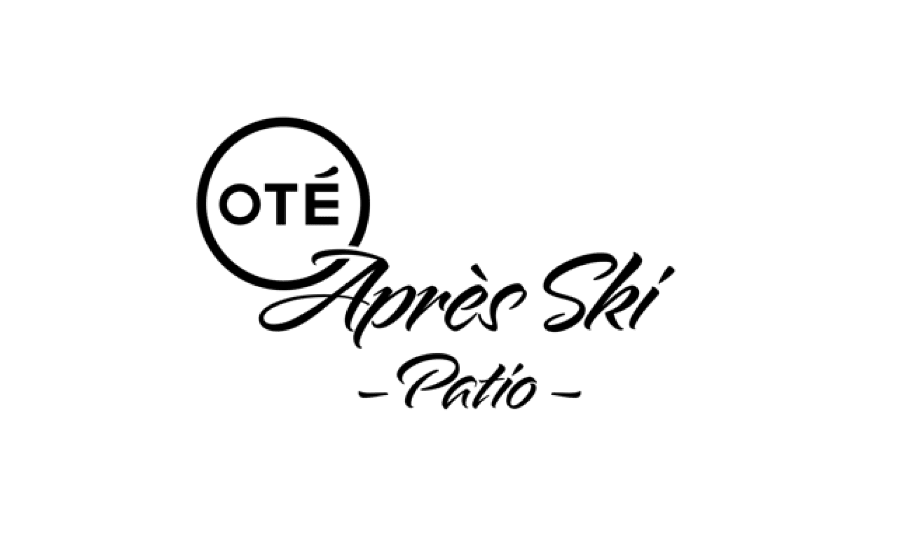 Black text logo on a light gray background with the words OTÉ Après Ski Patio, with OTÉ inside a circle above Après Ski in italics and Patio below, also in italics with hyphens on both sides.