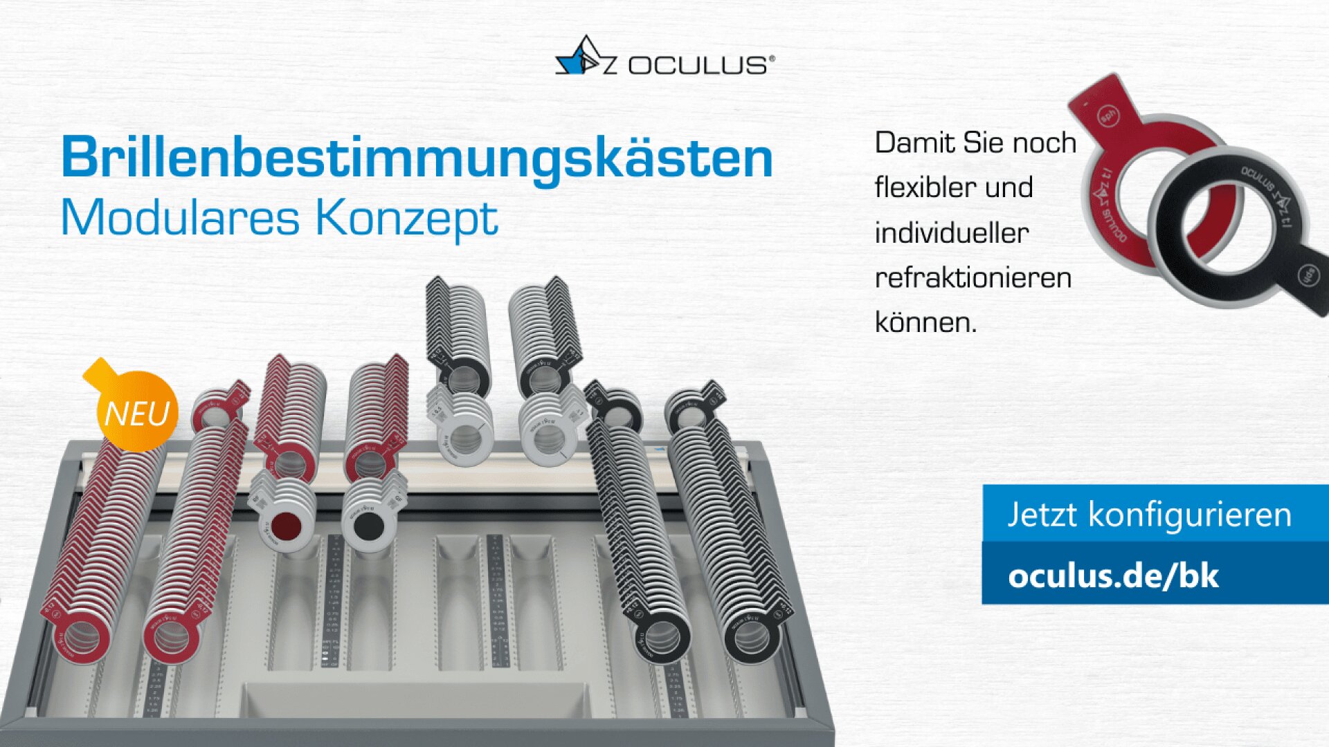 Eine Anzeige von modularen Brillengläsern mit roten, schwarzen und weißen Ringen, beschriftet mit Brillenbestimmungskästen Modulares Konzept von Oculus. Enthält eine Schaltfläche Jetzt konfigurieren und einen Link zur Website auf blauem Hintergrund.