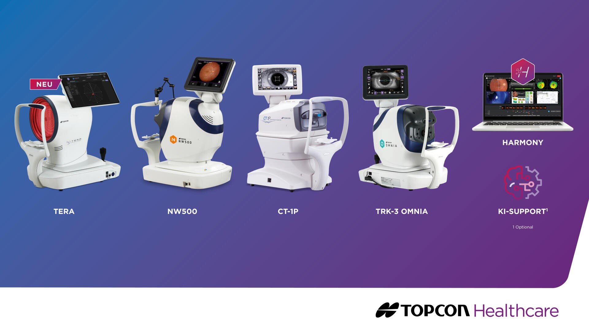 Fünf ophthalmologische Diagnosegeräte und ein Laptop mit medizinischer Bildgebungssoftware mit den Bezeichnungen TERA, NW500, CT-1P, TRK-3 OMNIA und HARMONY von Topcon Healthcare, dargestellt auf einem lila-weißen Hintergrund.