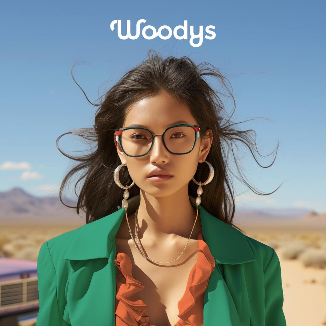 Eine Frau mit langen dunklen Haaren, einer großen Brille, Creolen und einem grünen Blazer steht in einer sonnigen Wüstenlandschaft. Über ihrem Kopf steht das Wort „Woodys“.