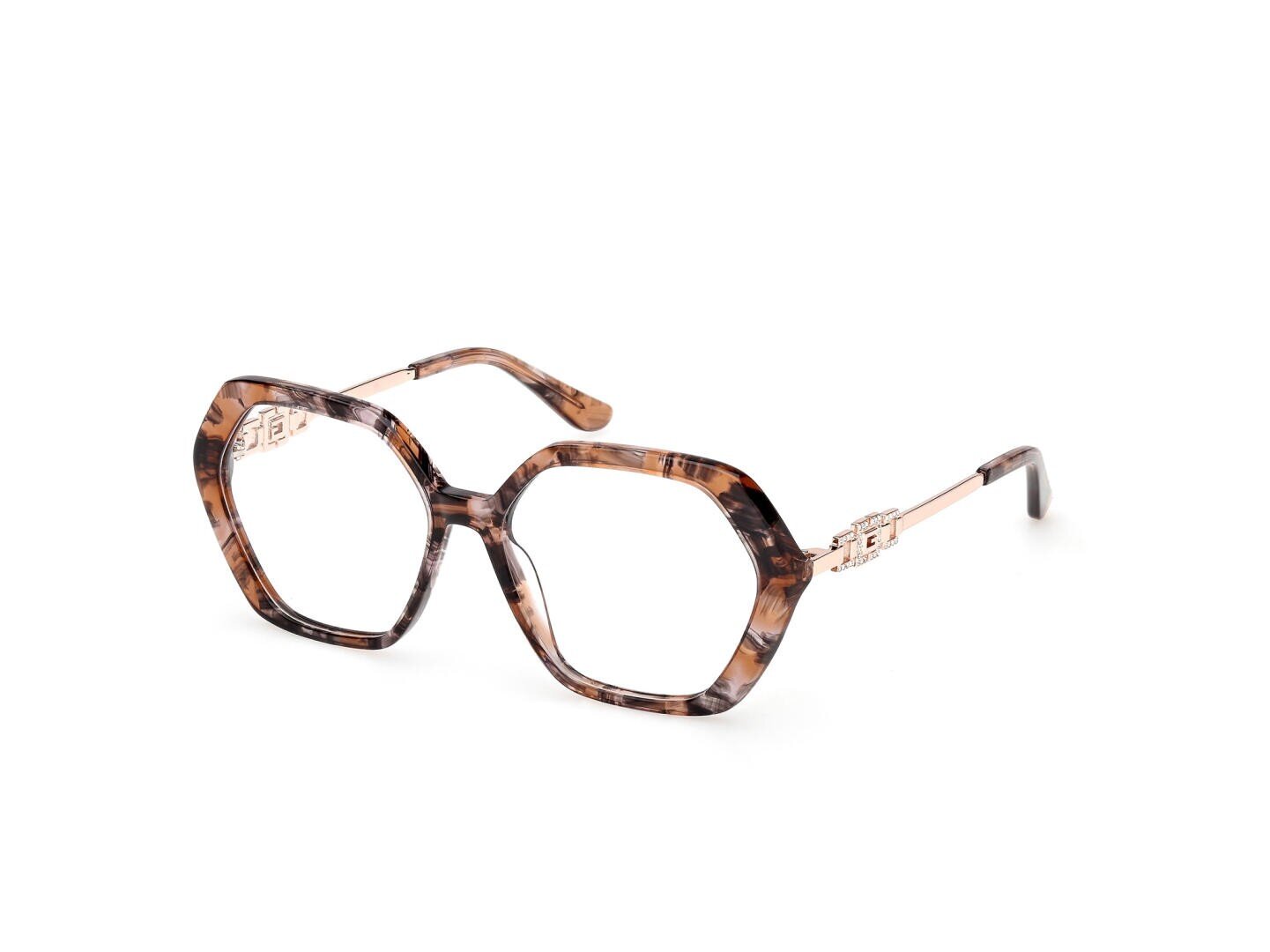 Brown tortoiseshell glasses with a geometric, hexagonal frame and thin metal temples, depicted on a white background.
