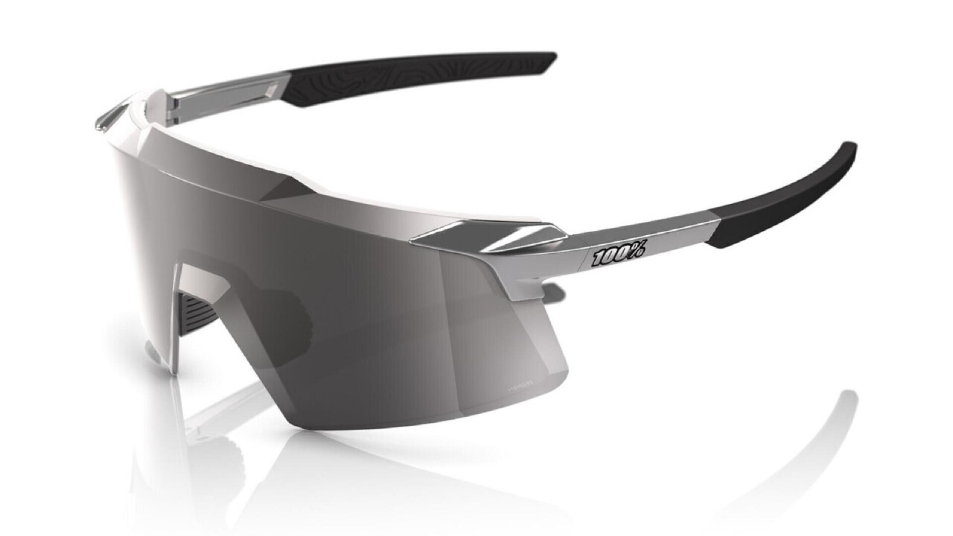 Sleek, modern sports sunglasses with a single wraparound mirrored lens, black temple tips, and the 100% logo on the side. Designed for performance and aerodynamic style.