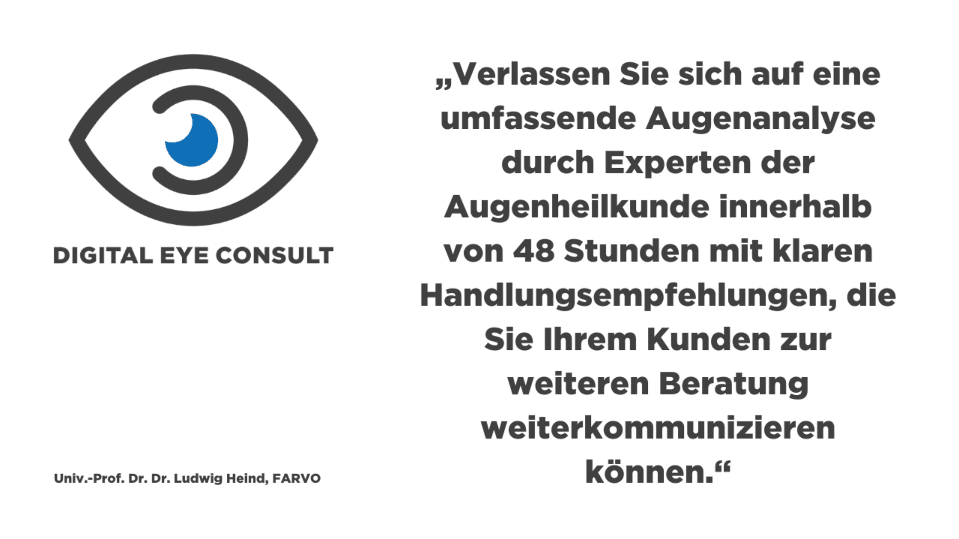 Ein Logo mit einem stilisierten blau-schwarzen Auge und den Worten „DIGITAL EYE CONSULT“ neben einem deutschen Erfahrungsbericht über eine fachmännische Augenanalyse innerhalb von 48 Stunden, zugeschrieben Univ.-Prof. Dr. Dr. Ludwig Heindl, FARVO.