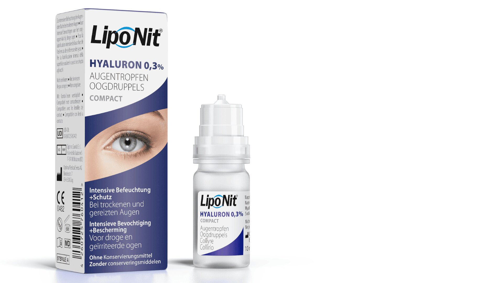 Eine Schachtel und eine Flasche mit LipoNit Hyaluron 0,3% Augentropfen. Die Verpackung zeigt das Bild eines Auges und Produktangaben in deutscher und niederländischer Sprache, die die Hydratation und den Schutz für trockene, gereizte Augen betonen.