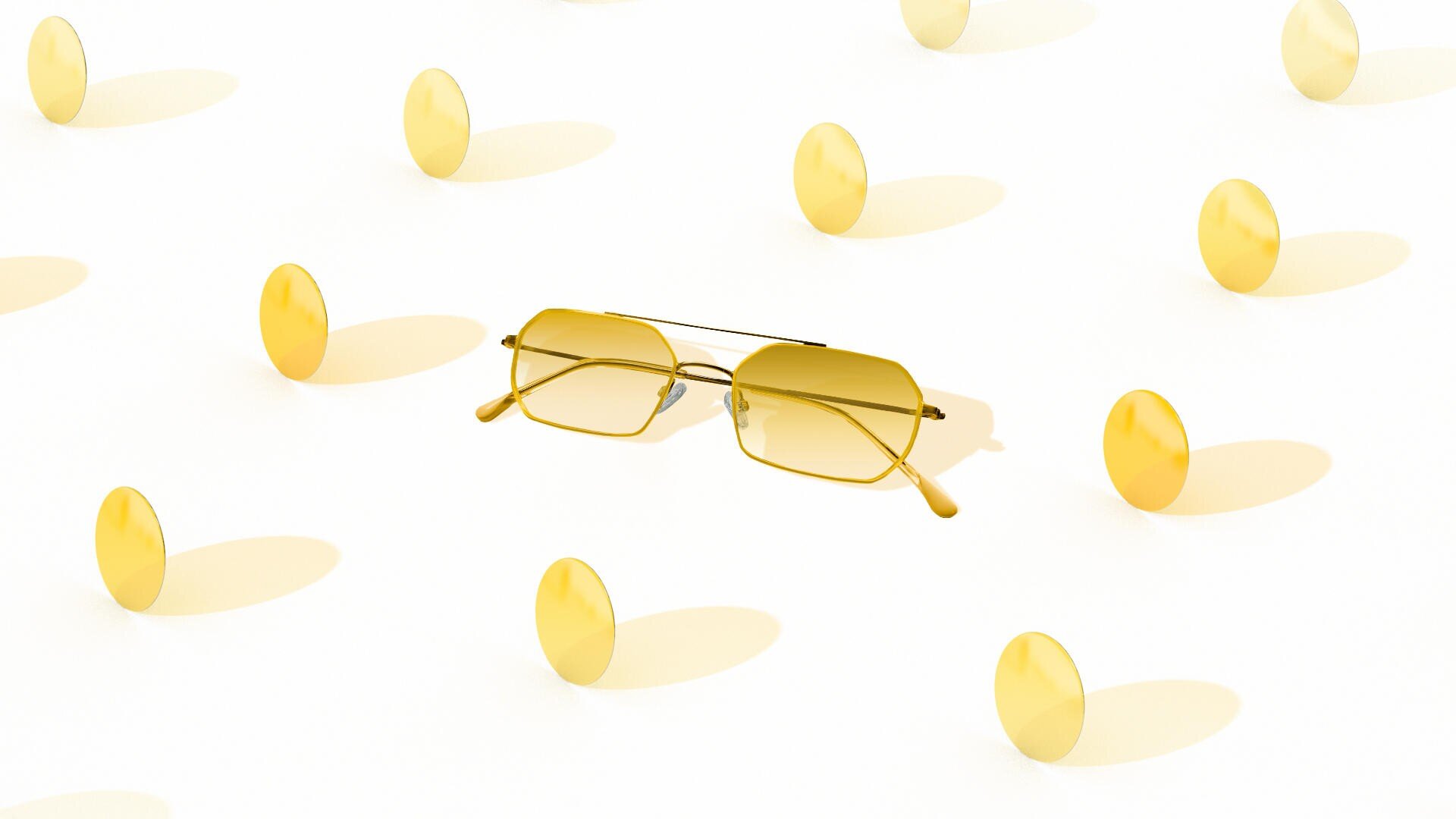 Eine gelb getönte Sonnenbrille ist auf einem weißen Hintergrund mit gleichmäßig verteilten gelben, durchscheinenden Scheiben zu sehen, die weiche Schatten werfen.