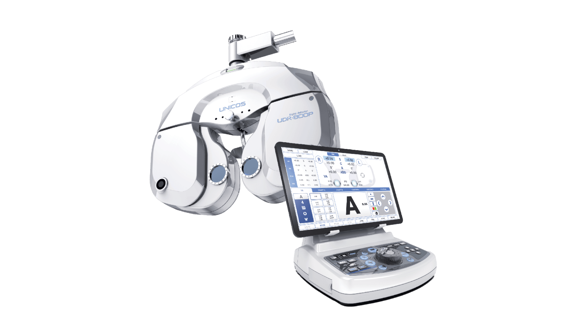 Ein digitaler Phoropter und ein Bedienfeld mit einem Touchscreen-Display, das bei Augenuntersuchungen zur Bestimmung der Sehstärke verwendet wird, dargestellt auf weißem Hintergrund.