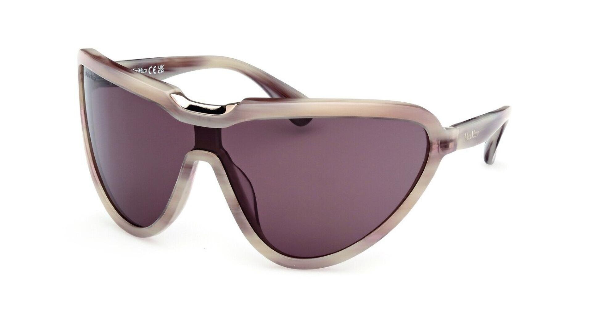 Stylish sunglasses with large, oversized dark purple lenses and a translucent, light beige plastic frame, featuring a unique cutout detail at the bridge.