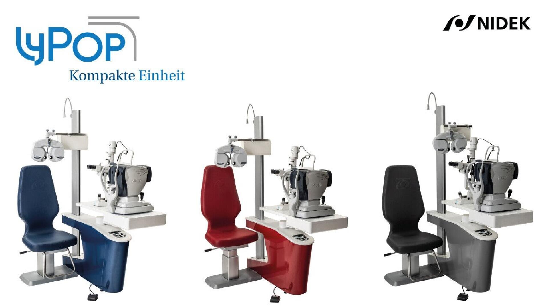 Three ophthalmic examination units with attached chairs in blue, red, and black are displayed side by side. The words lyPOP Kompakte Einheit and the NIDEK logo appear at the top.