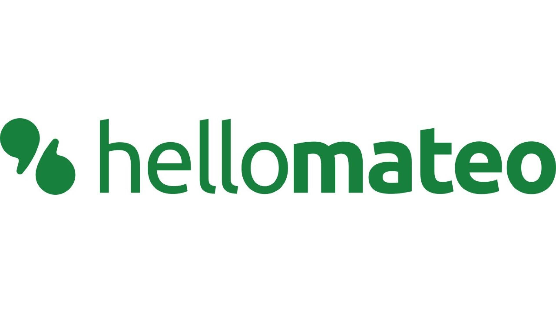 Green text logo reading hellomateo with two green speech bubble-like shapes to the left, on a white background.