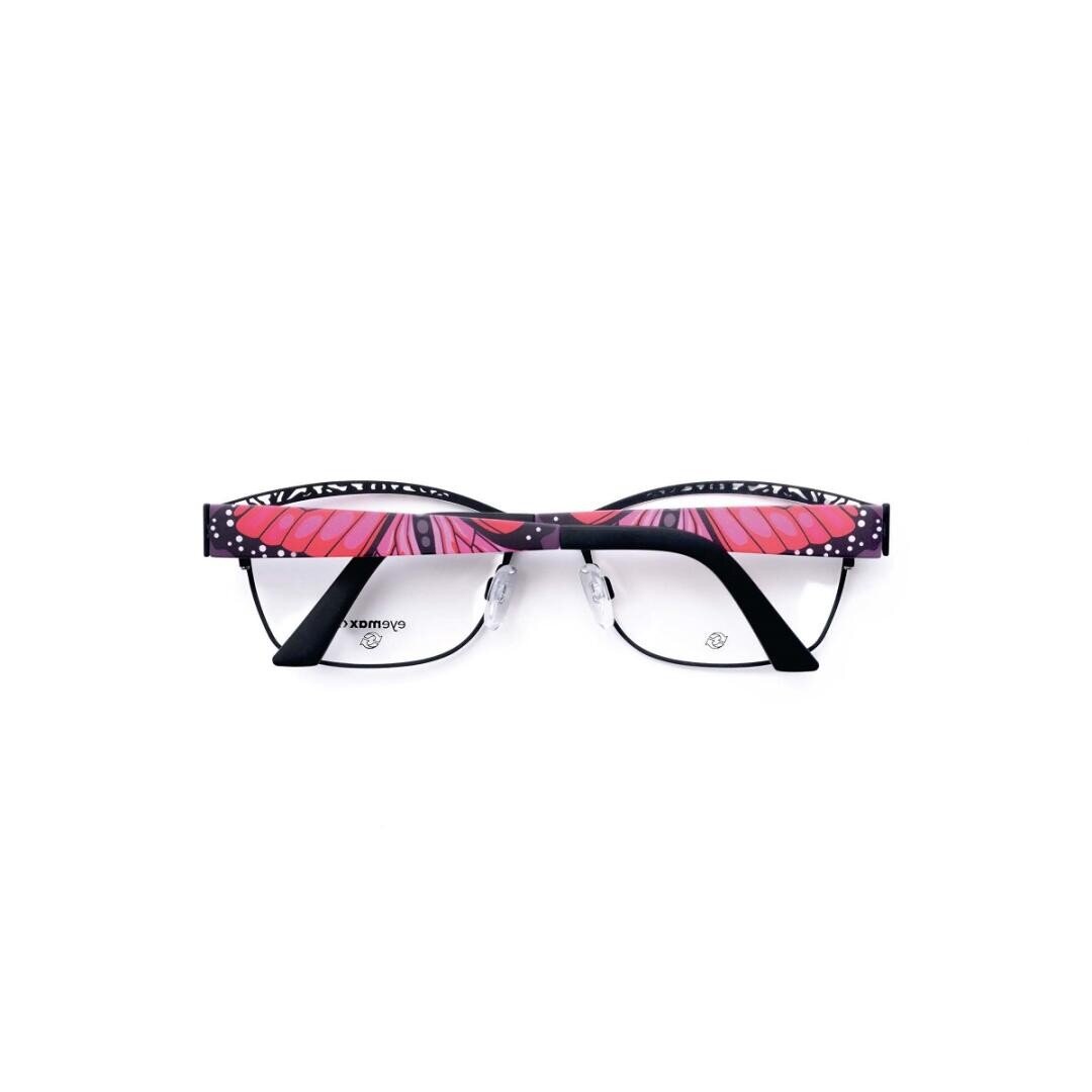Eyeglasses with half-rim clear lenses and a striking pink and black butterfly wing design across the top frame, displayed against a plain white background.