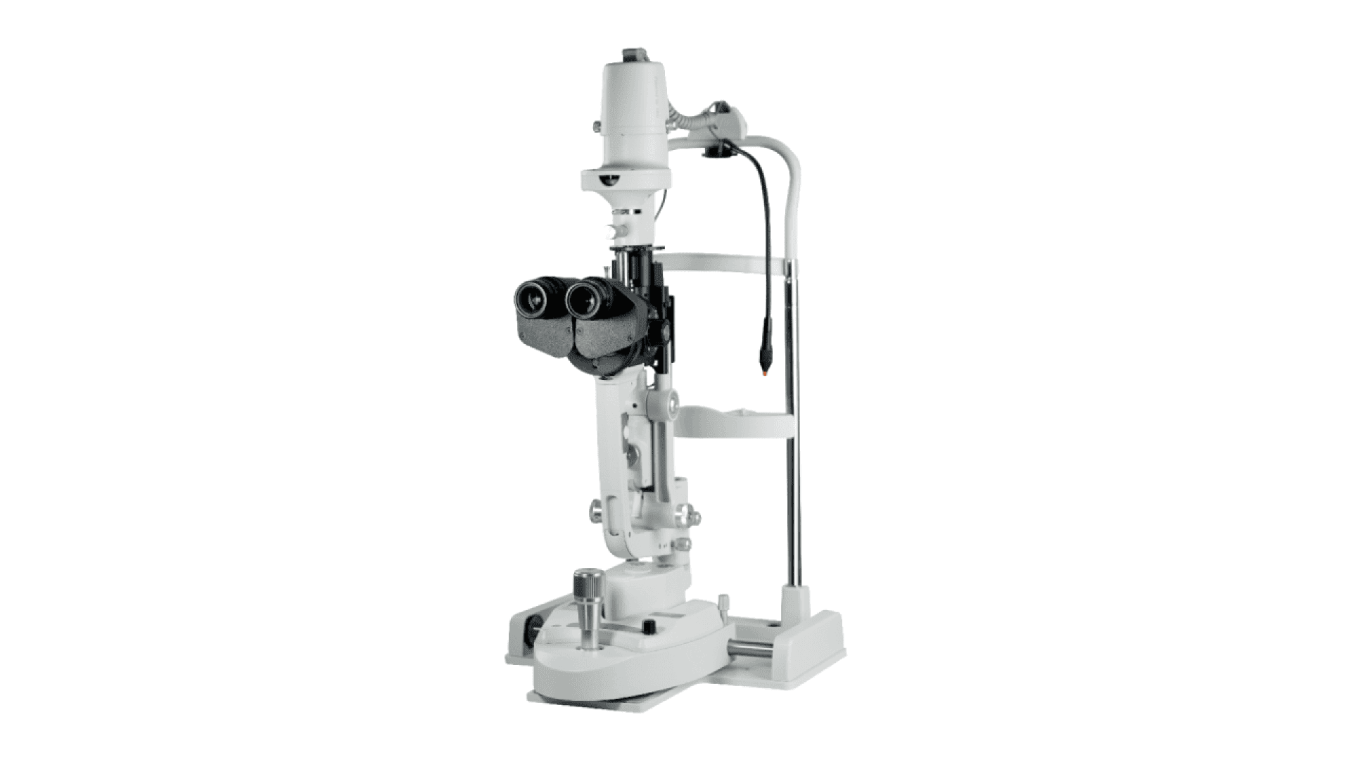 A slit lamp microscope, commonly used by eye care professionals for detailed examination of the eye, shown on a white background. The device has eyepieces, adjustable knobs, and a chin rest.