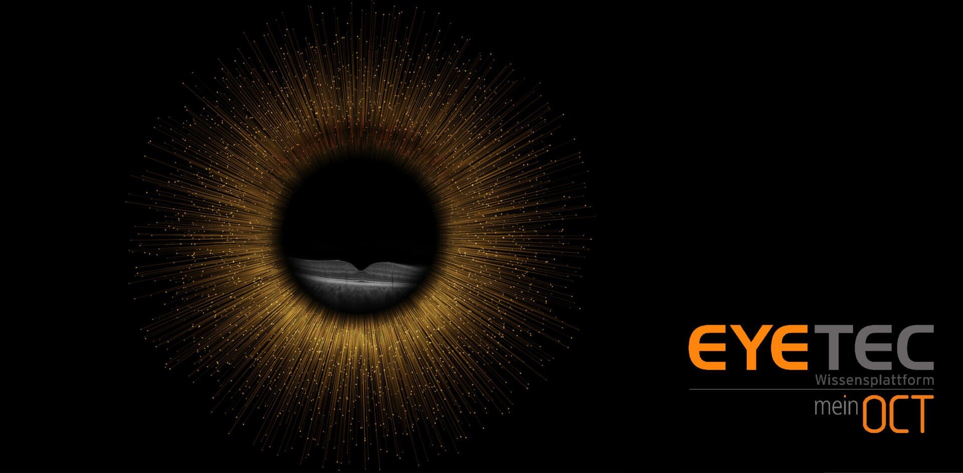 Eine digitale Grafik zeigt ein abstraktes, leuchtend orange-goldenes Auge mit einem OCT-Netzhautscan in der Mitte. Auf der rechten Seite steht der Text EYETEC Wissensplattform mein OCT auf schwarzem Hintergrund.