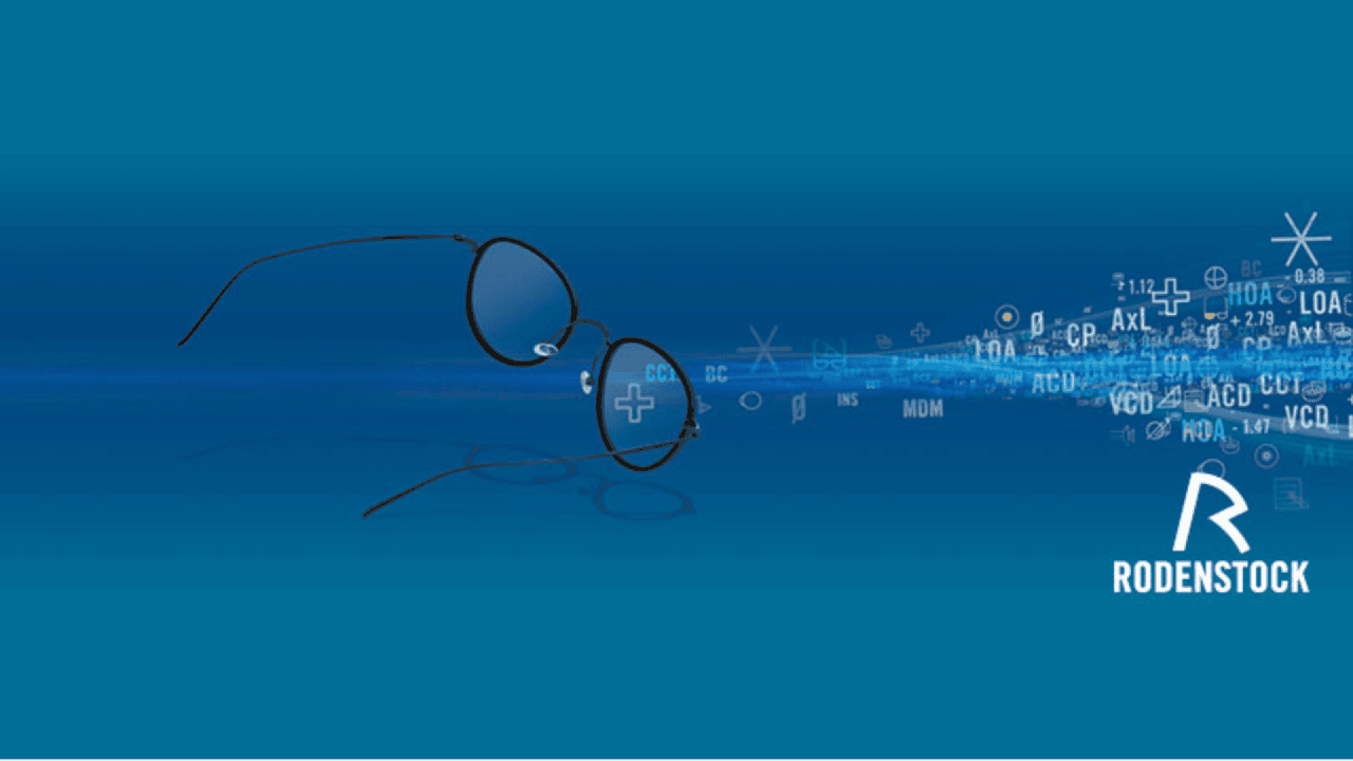 A pair of eyeglasses floats on a blue background, with medical symbols, numbers, and letters streaming from the right lens. The Rodenstock logo is in the bottom right corner.