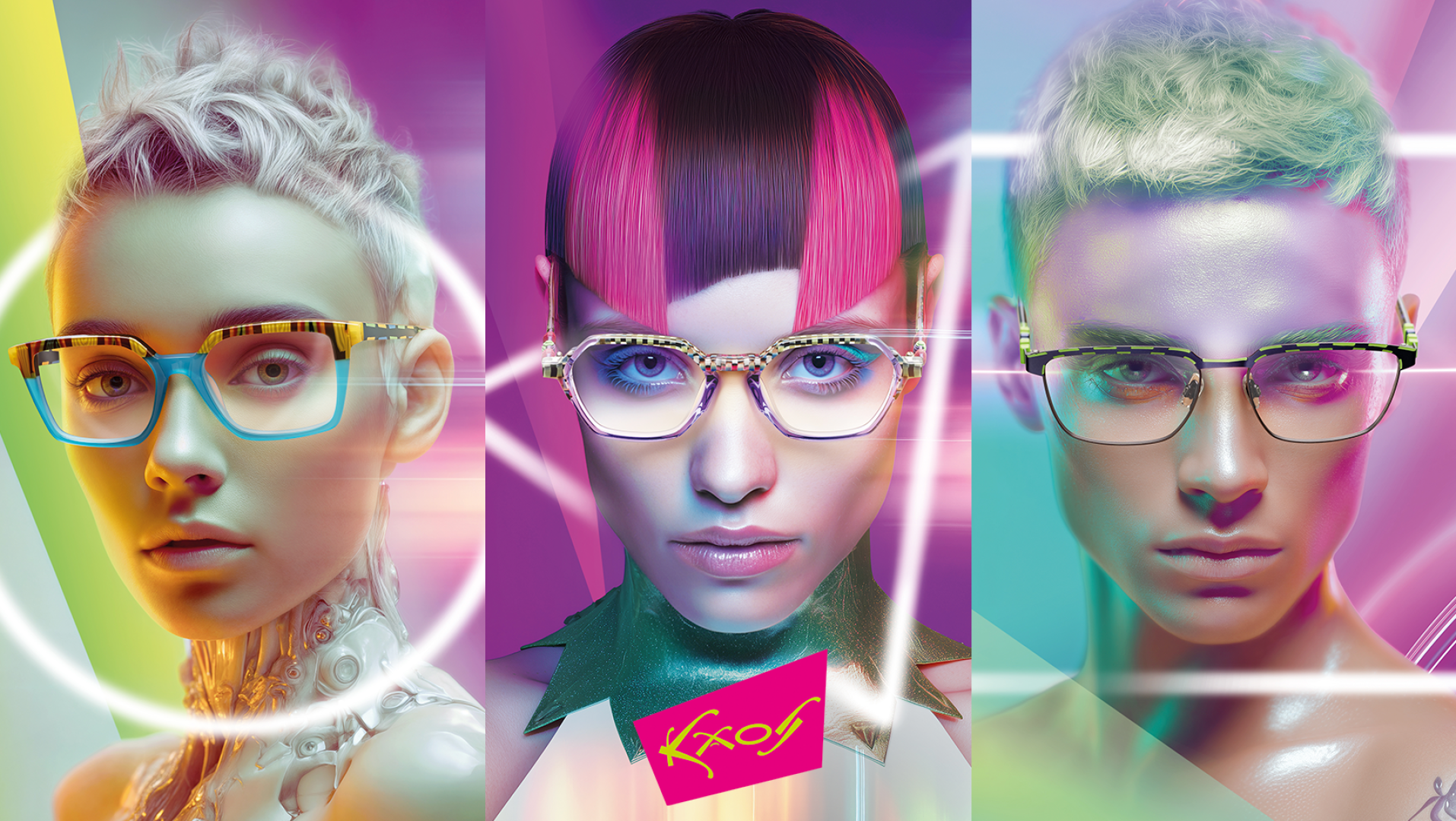 Drei digital gestylte Porträts von Menschen mit kurzen, futuristischen Haarschnitten und lebhafter, farbenfroher Beleuchtung, die alle eine auffällige, geometrische Brille tragen. Ein neonpinkes Logo mit dem Schriftzug "FROZ" erscheint in der unteren Mitte.