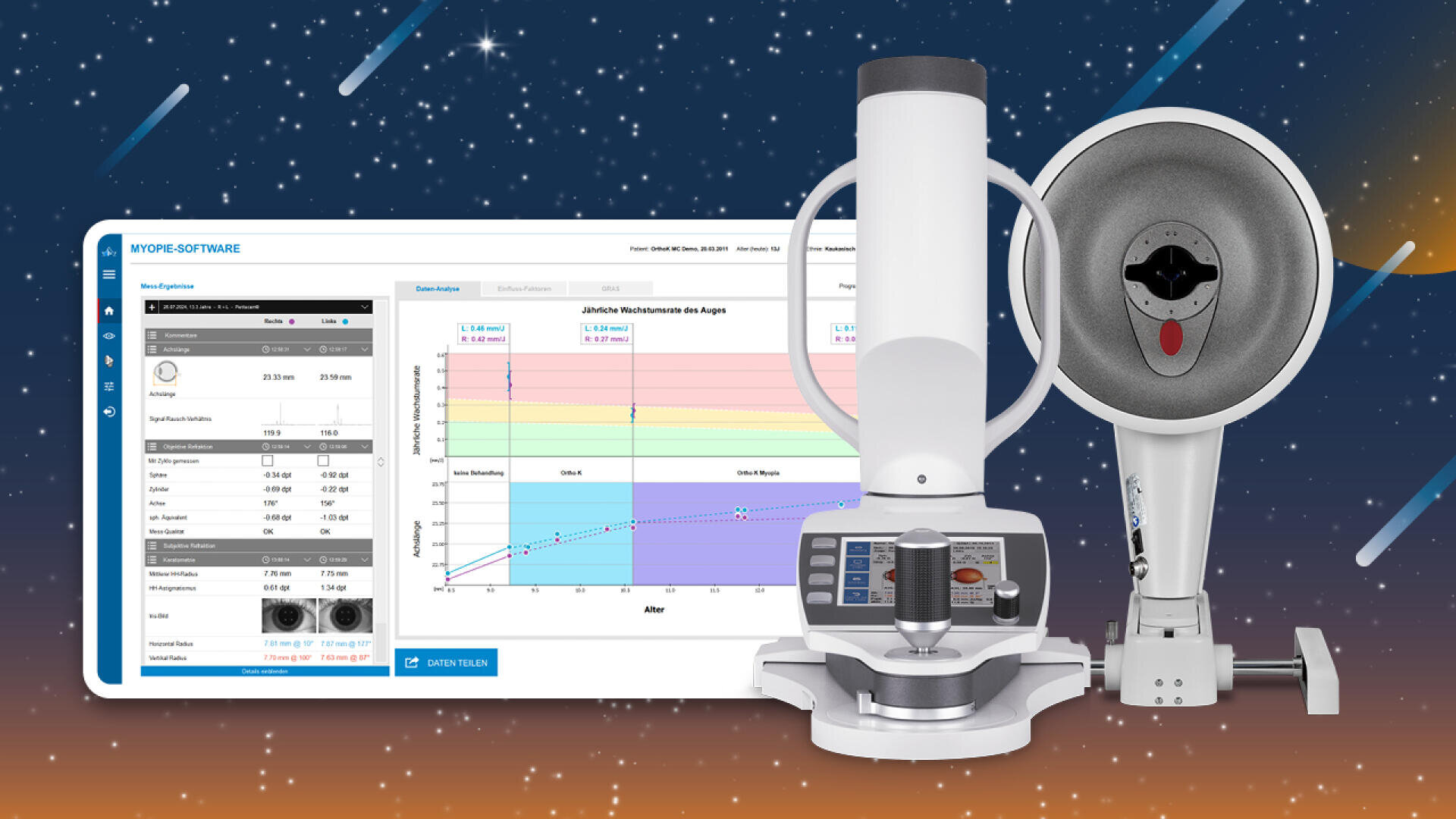 Auf einem digitalen Bildschirm wird eine Software zur Augenvermessung mit Diagrammen und Daten angezeigt, während vor einem Sternenhimmel zwei fortschrittliche ophthalmologische Diagnosegeräte positioniert sind.