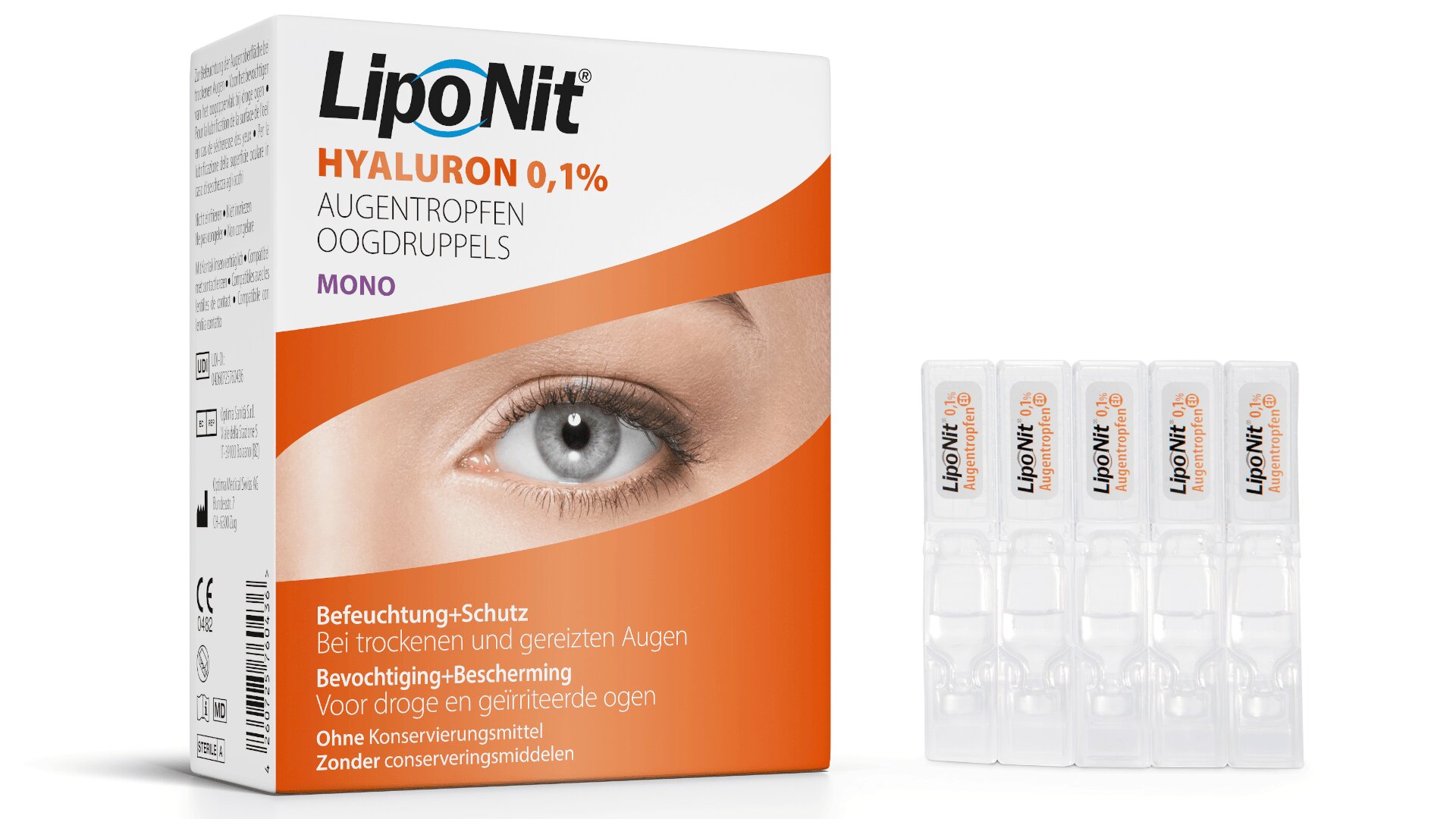 Eine Schachtel mit LipoNit Hyaluron 0,1 % Augentropfen mit deutschem und niederländischem Text, der Abbildung eines Auges auf der Verpackung und vier Einweg-Plastikampullen des Produkts neben der Schachtel.