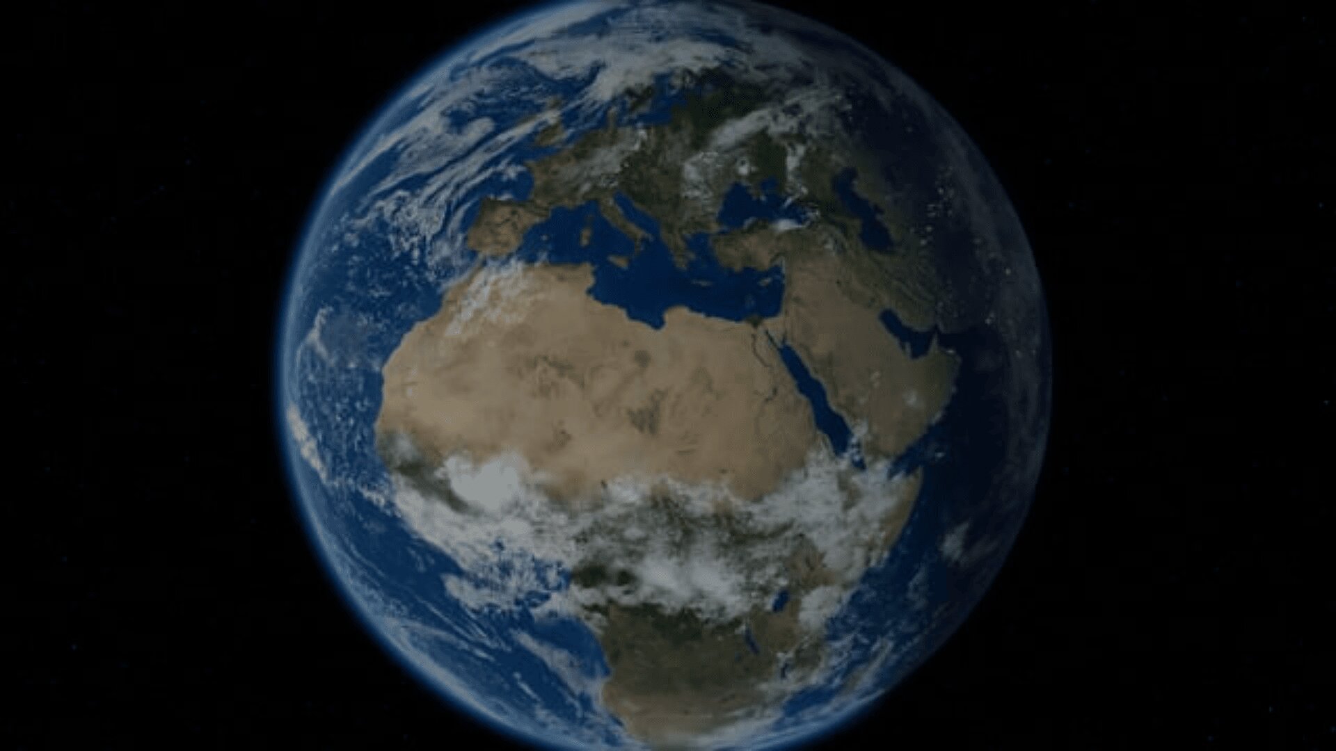 Ein Blick auf die Erde aus dem Weltraum, der Afrika, Europa und Teile Asiens zeigt, umgeben von blauen Ozeanen und weißen Wolken, vor dem schwarzen Hintergrund des Weltraums.