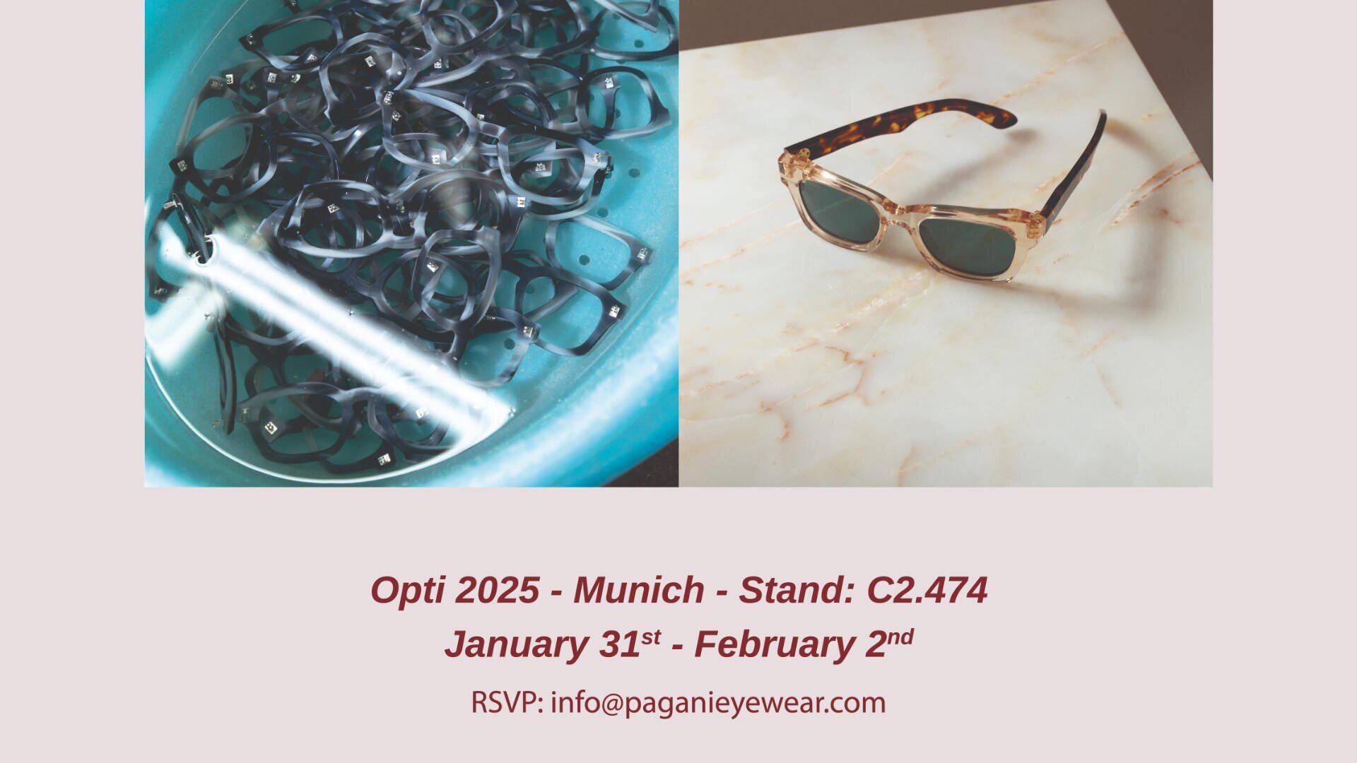 Two photos of eyeglasses: one shows a pile of black frames in a blue container, the other displays a single pair of sunglasses on a marble surface. Text below gives event and contact info for Opti 2025 in Munich.
