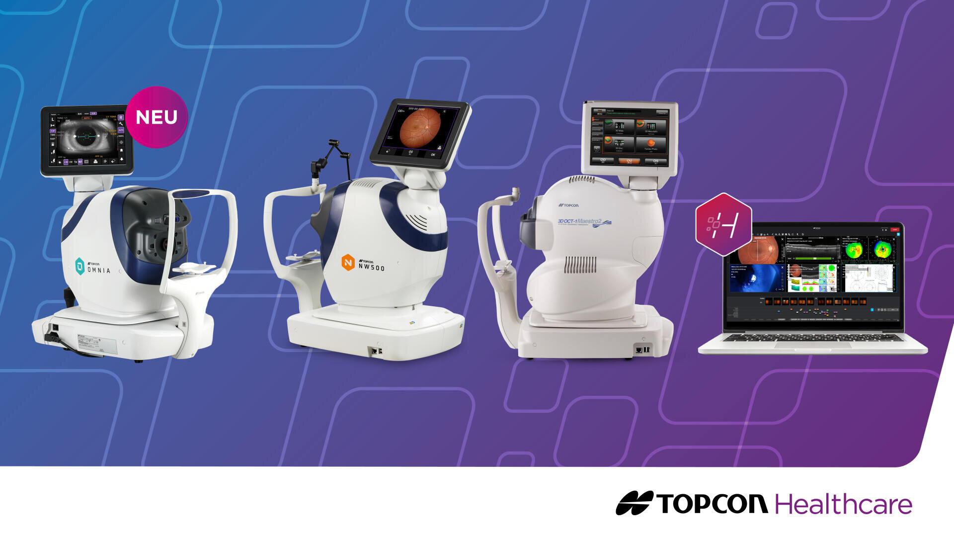 Drei ophthalmologische Diagnosegeräte mit digitalen Bildschirmen zeigen Augenbilder, daneben ein Laptop mit medizinischen Daten. Der Hintergrund ist blau und violett mit geometrischen Linien. Unten rechts befindet sich das Logo von TOPCON Healthcare.