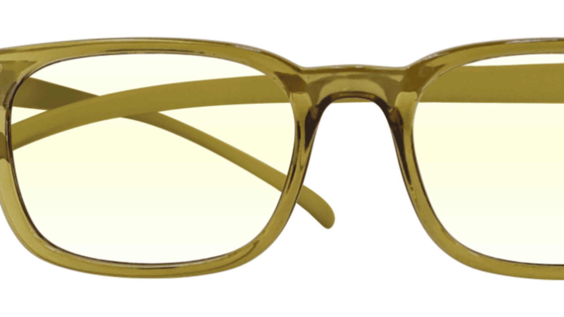 Yellow rectangular eyeglasses with slightly tinted lenses, shown against a white background. The frame and arms are solid yellow and made of plastic.