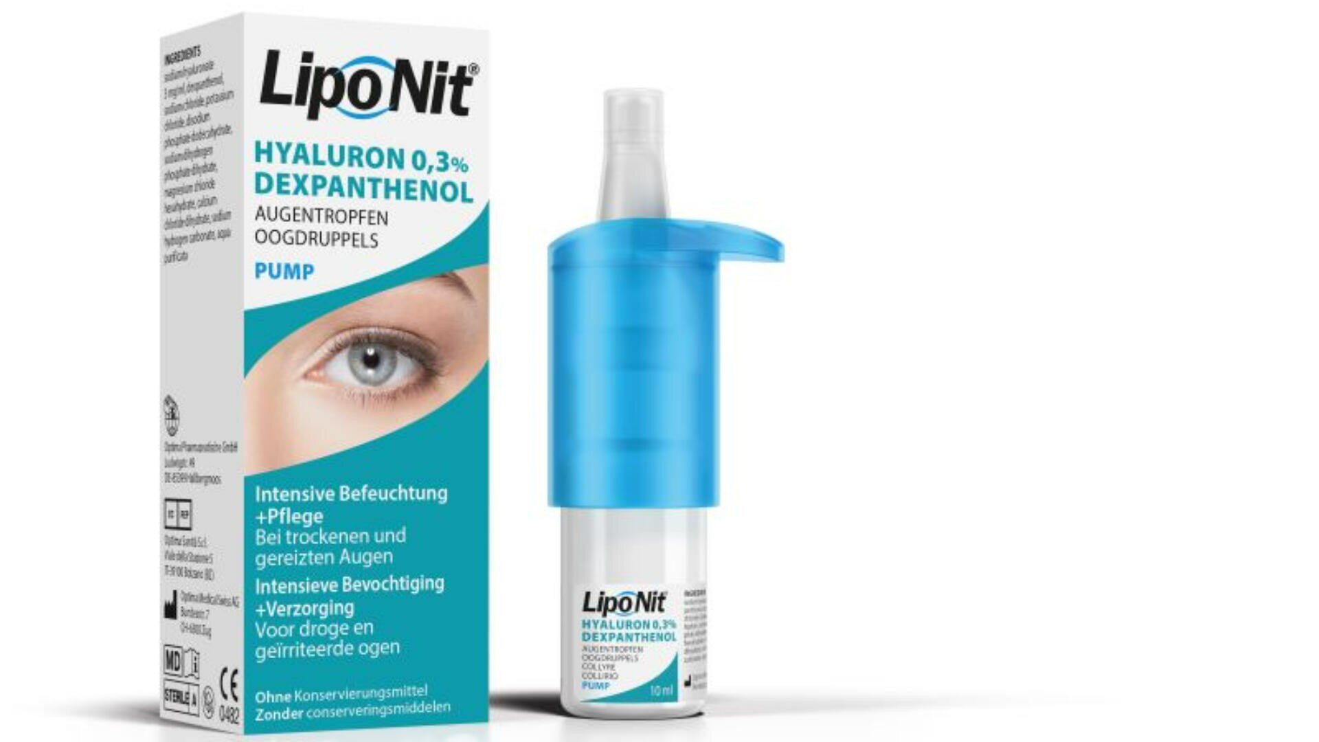 A box and pump bottle of LipoNit Hyaluron 0.3% Dexpanthenol eye drops, featuring a close-up of an eye on the packaging and product details in German and Dutch. The pump has a blue cap.