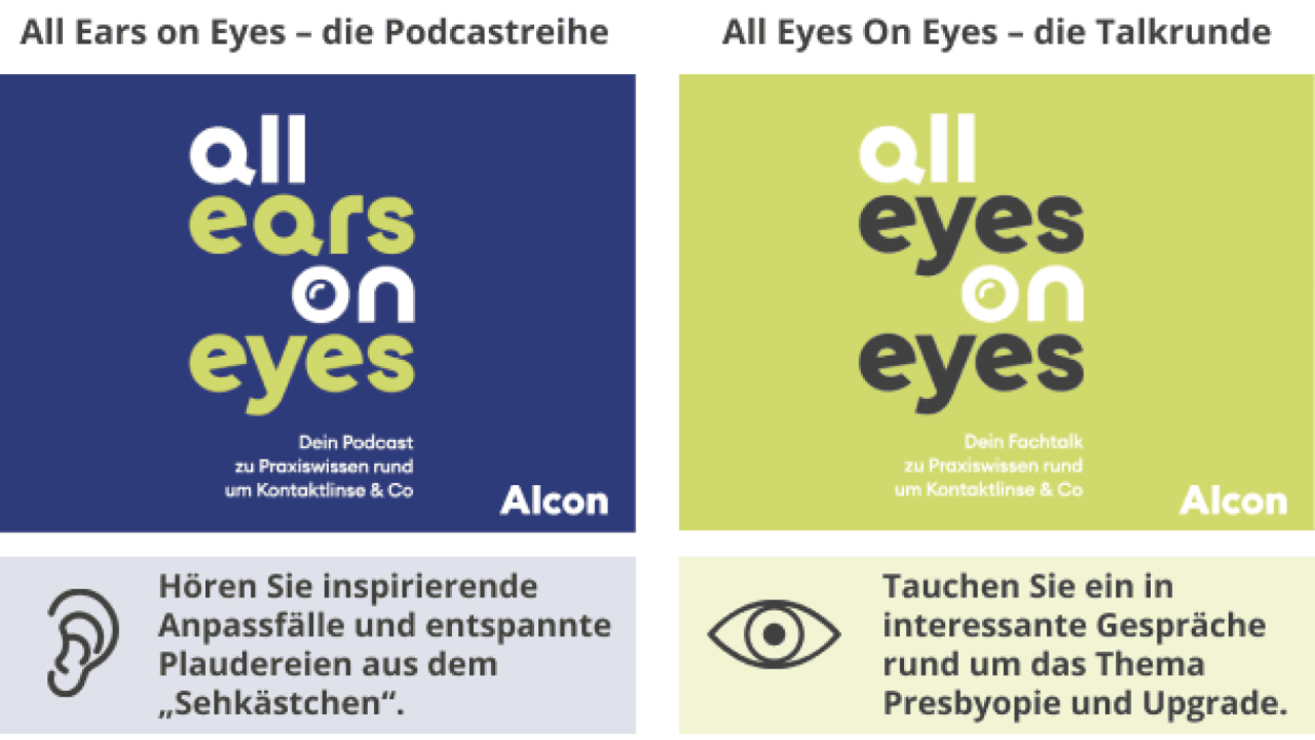 A graphic with two sections: Left, All ears on eyes podcast info on a blue background; right, All eyes on eyes talk info on a white background. Both promote eye care discussions by Alcon, with brief German descriptions.