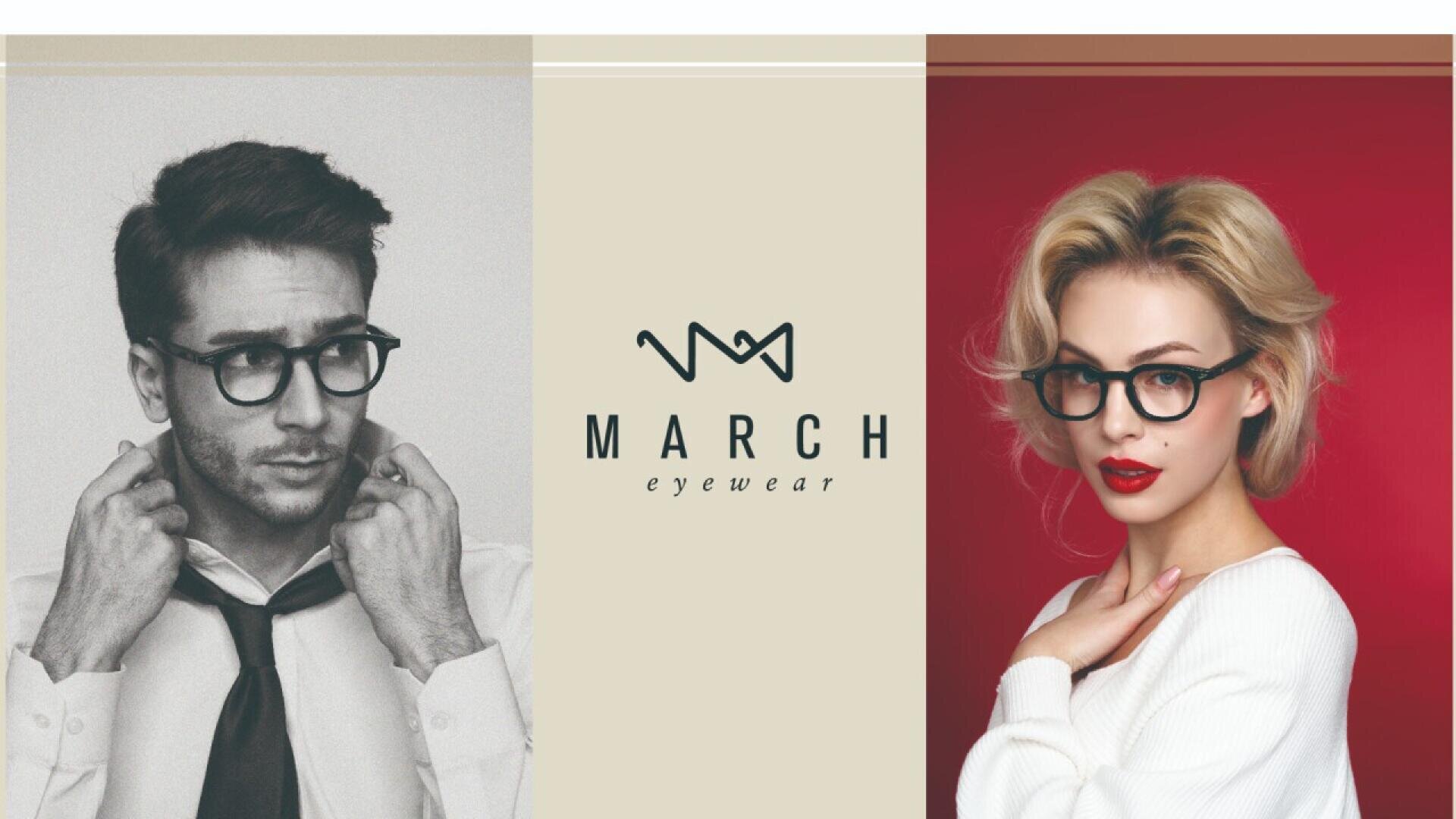 A man in a shirt and tie and a woman in a white sweater, both wearing black glasses, are featured on either side of the March Eyewear logo against a split beige, black-and-white, and red background.
