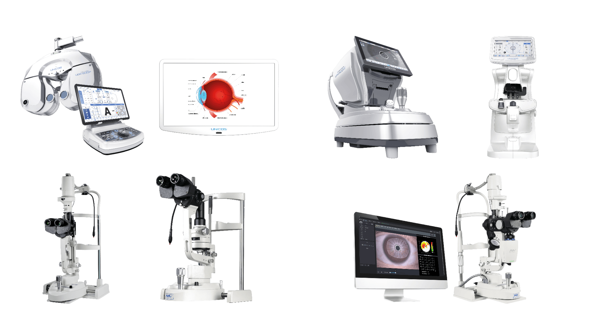 Eine Sammlung ophthalmologischer Diagnosegeräte, darunter Spaltlampen, digitale Bildgebungsgeräte, Monitore, die Augenbilder anzeigen, und Refraktometer, alle auf einem transparenten Hintergrund angeordnet.