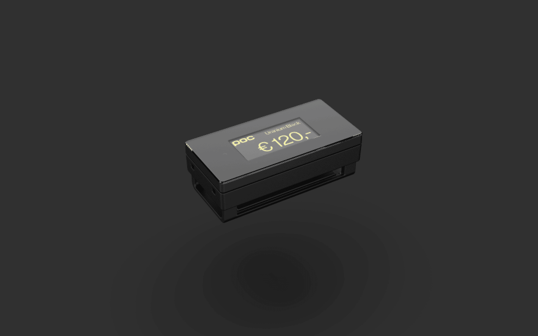 A small, rectangular black electronic device with a digital display showing €120,- and poc on a dark background.