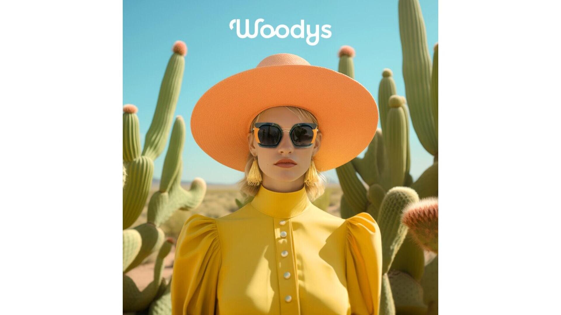 A woman in a yellow dress and wide-brimmed hat stands among cacti, wearing round sunglasses. The sky is clear blue, and Woodys is written above her in white text.