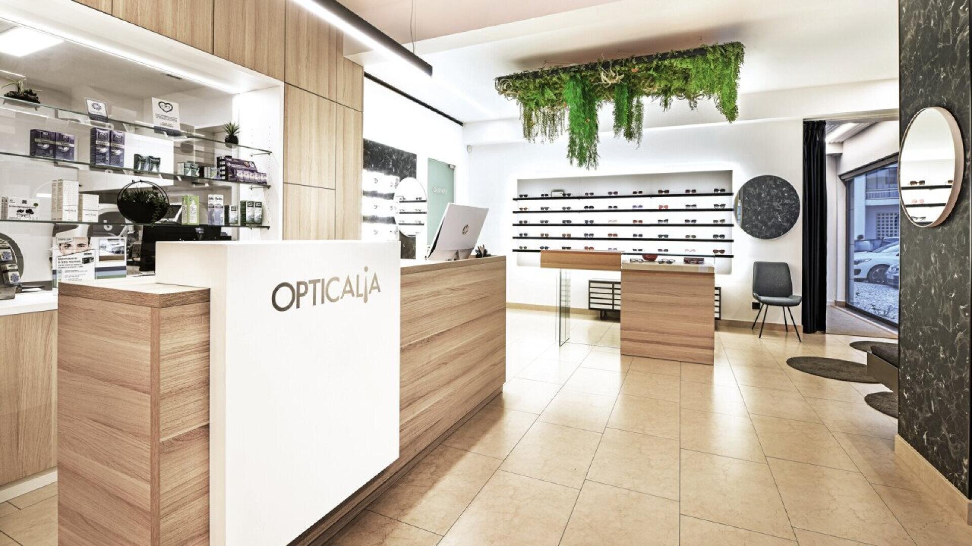 Modern optician store interior with wooden counters, a white reception desk labeled OPTICALIA, display shelves with eyeglasses, tiled flooring, green plants hanging from the ceiling, and large windows for natural light.