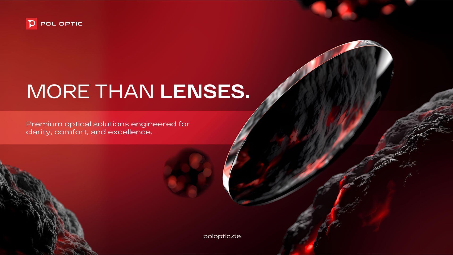 A polished optical lens hovers amid abstract red and black shapes. Bold white text reads MORE THAN LENSES. with a tagline below: Premium optical solutions engineered for clarity, comfort, and excellence.