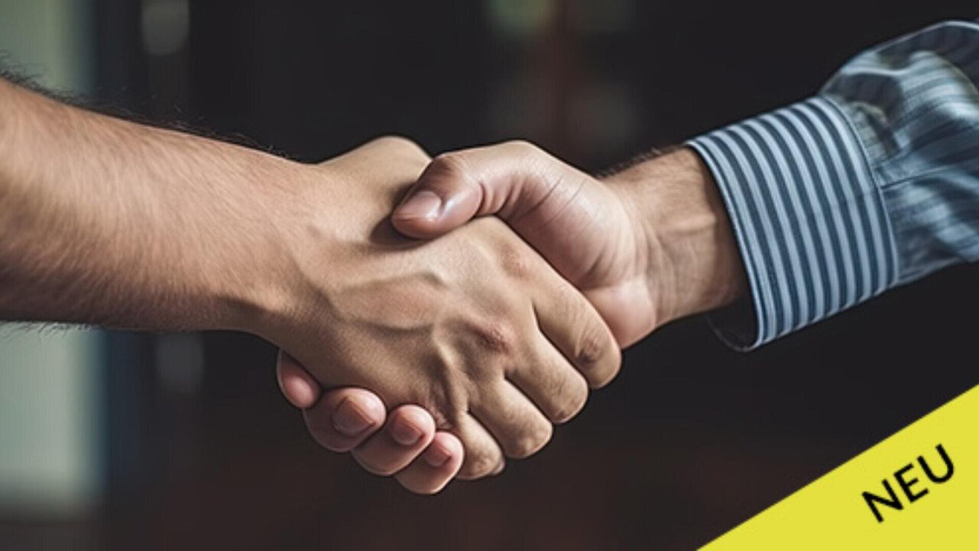Two people shaking hands, one wearing a striped shirt, with a yellow corner label displaying the word NEU.