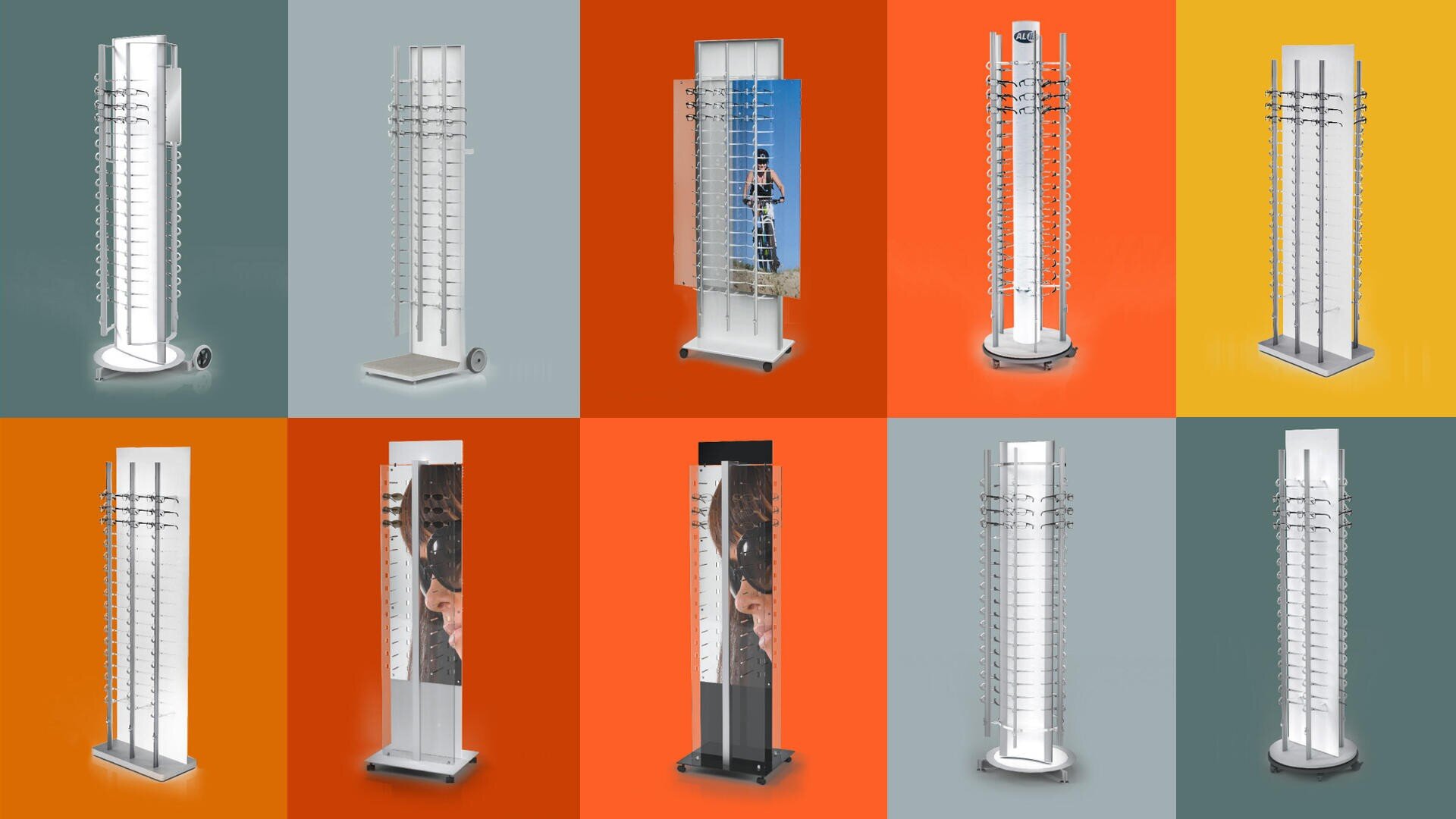 Ein Raster von zwölf verschiedenen Brillenständern, jeder auf einem farbenfrohen Hintergrund, die verschiedene Designs für die Aufbewahrung mehrerer Brillen zeigen.