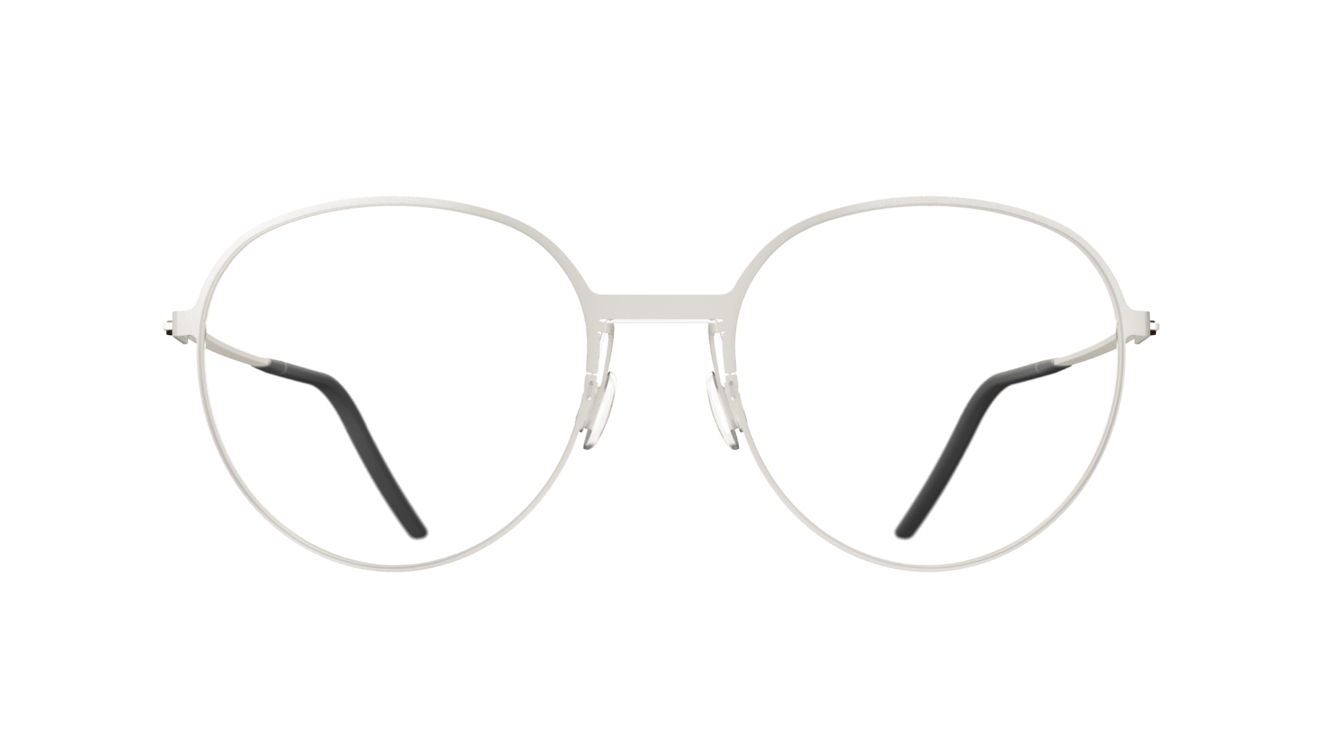 Eine runde, weiße Brille mit dünnem Rahmen und Bügeln mit schwarzer Spitze, abgebildet auf einem transparenten Hintergrund.