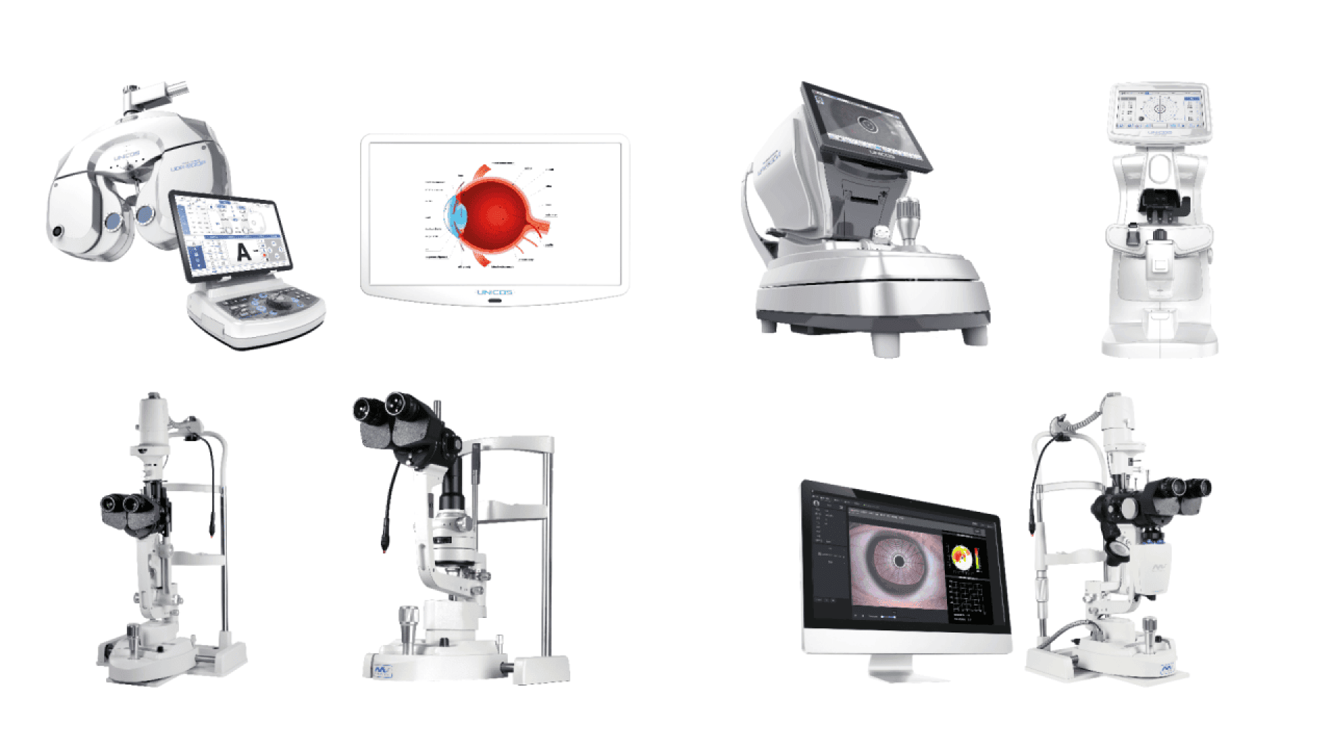 Various advanced ophthalmology diagnostic and imaging devices, including slit lamps, imaging screens, and other eye examination equipment, displayed against a white background.