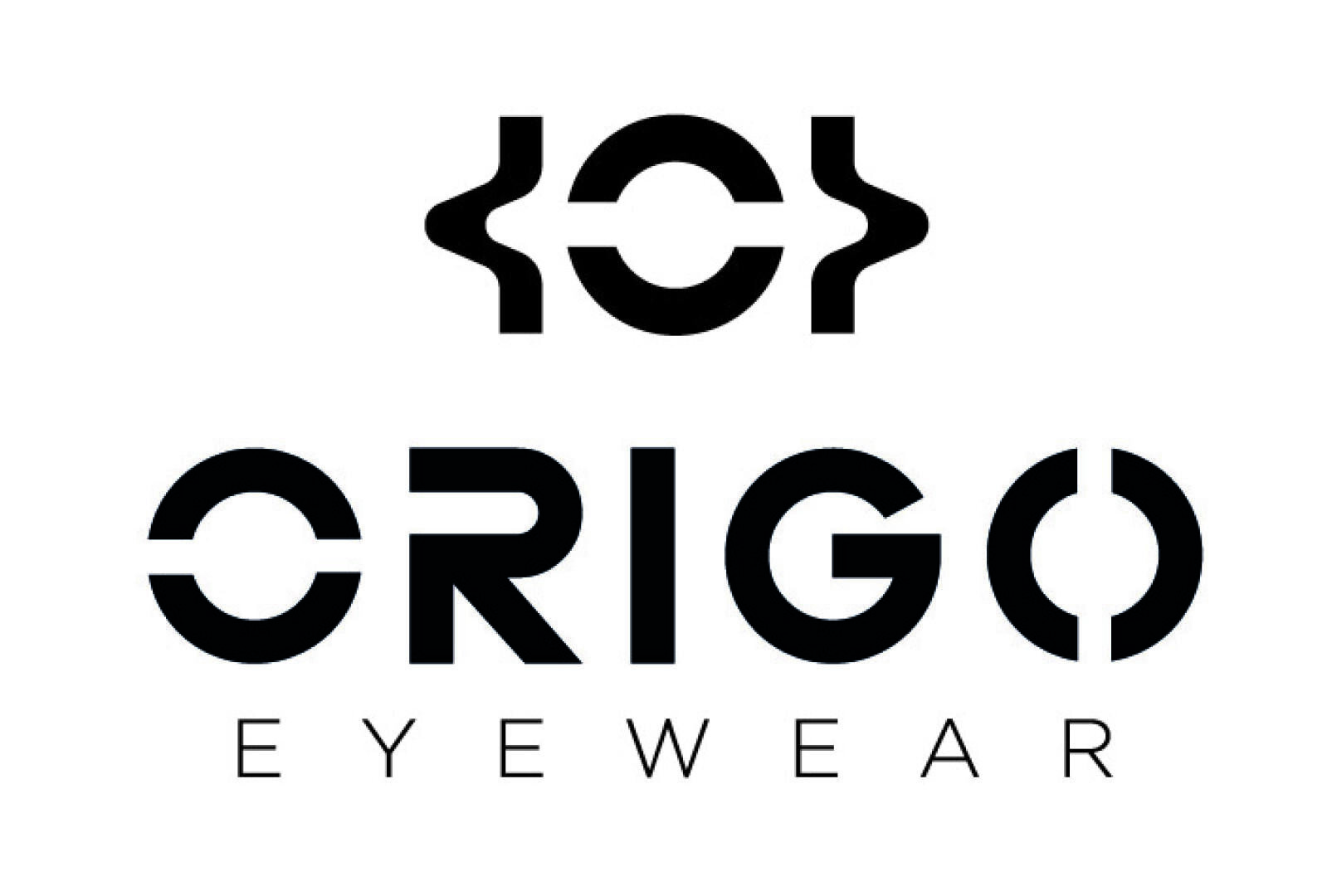 Black and white logo for Origo Eyewear with a circular, abstract design above the brand name. The word ORIGO is written in stylized, geometric letters and EYEWEAR is written underneath in thin, spaced letters.