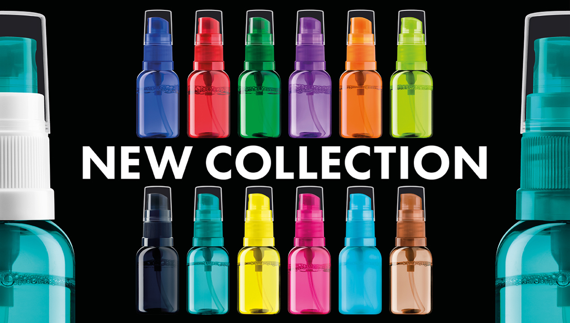 Colorful spray bottles in two rows above the bold text NEW COLLECTION on a black background, with parts of two larger blue and white bottles on both sides.