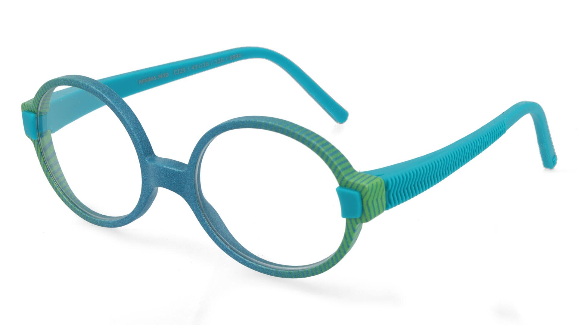 Runde Brille mit blauem Rahmen und grün gestreiften Akzenten auf der Vorderseite und den Bügeln, abgebildet auf weißem Hintergrund.