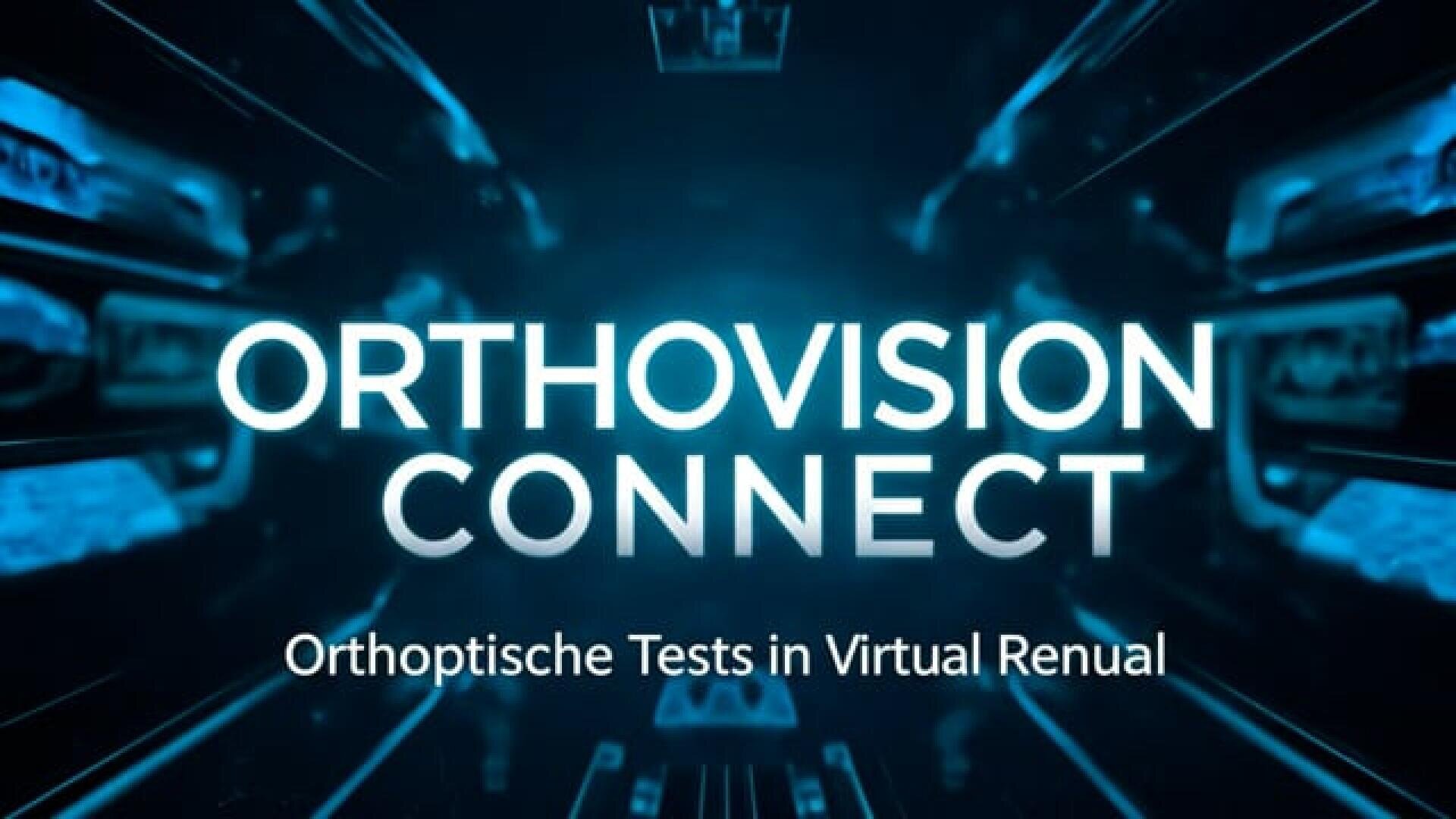The blue text reads ORTHOVISION CONNECT, with Orthoptic tests in Virtual Renual written in smaller letters on a futuristic, digital background.