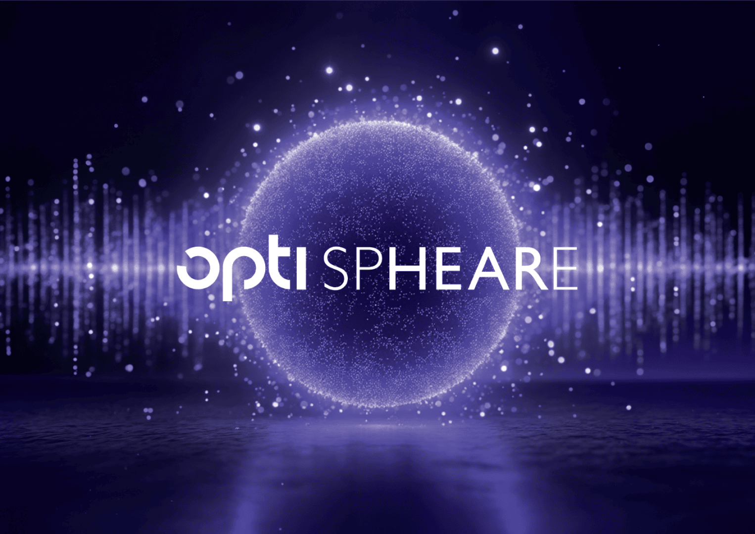 A glowing purple sphere with sparkling particles sits in the center on a dark background, surrounded by waves of light. The text opti SPHEARE is displayed in white, modern lettering above the sphere.