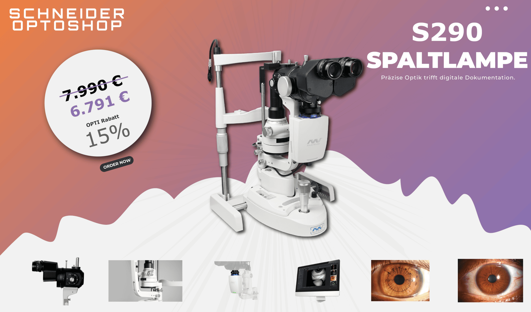 Promotional image for the Schneider Optoshop S290 slit lamp with the device, a 15% discount (from €7,990 to €6,791) and smaller images of the lamp and close-ups of the eye at the bottom.