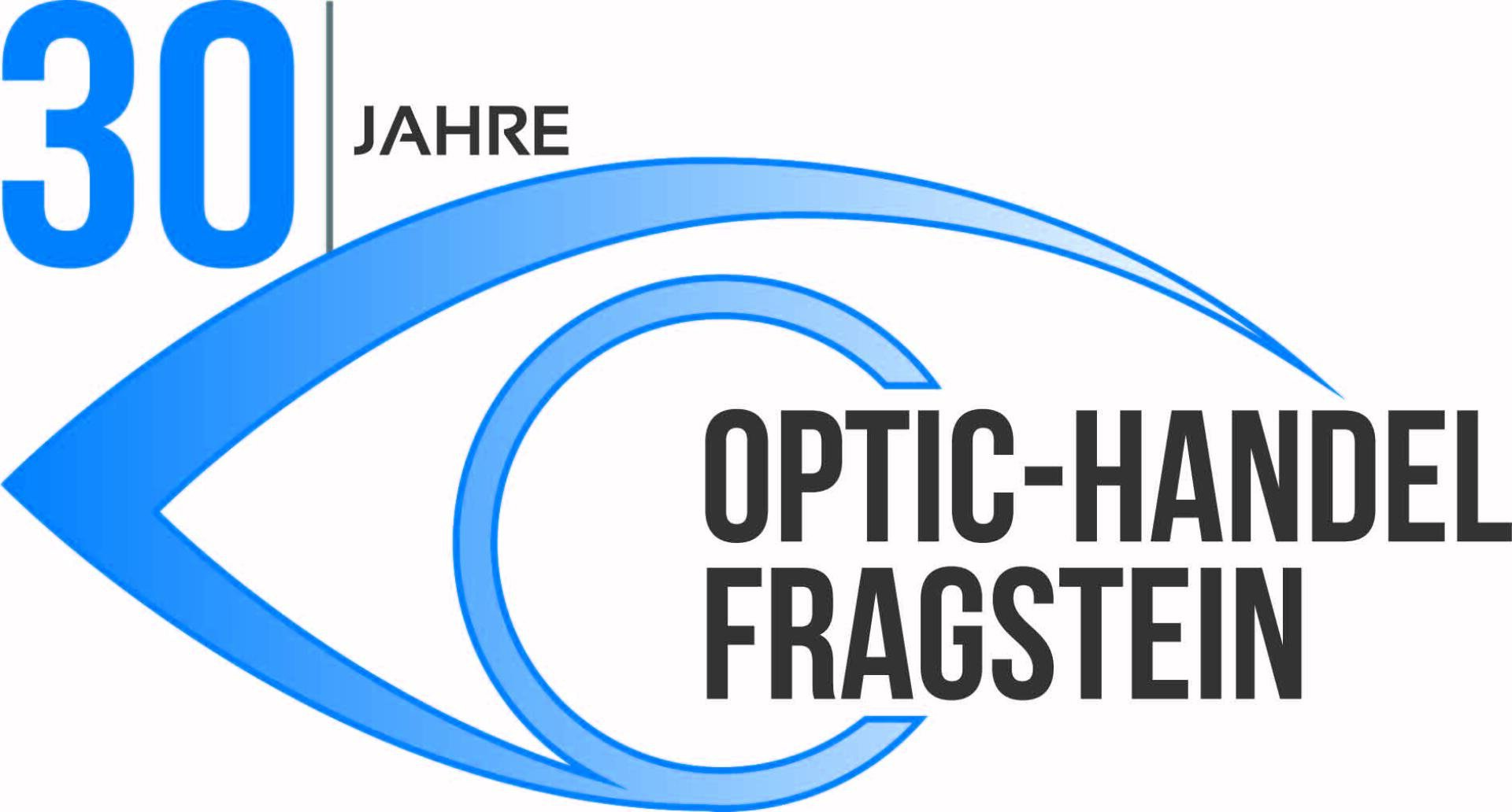 Logo mit einer großen blauen Zahl 30, dem Wort „Jahre“, einem stilisierten blauen Augendesign und dem Text „Optic-Handel Fragstein“ in fetten schwarzen Buchstaben.