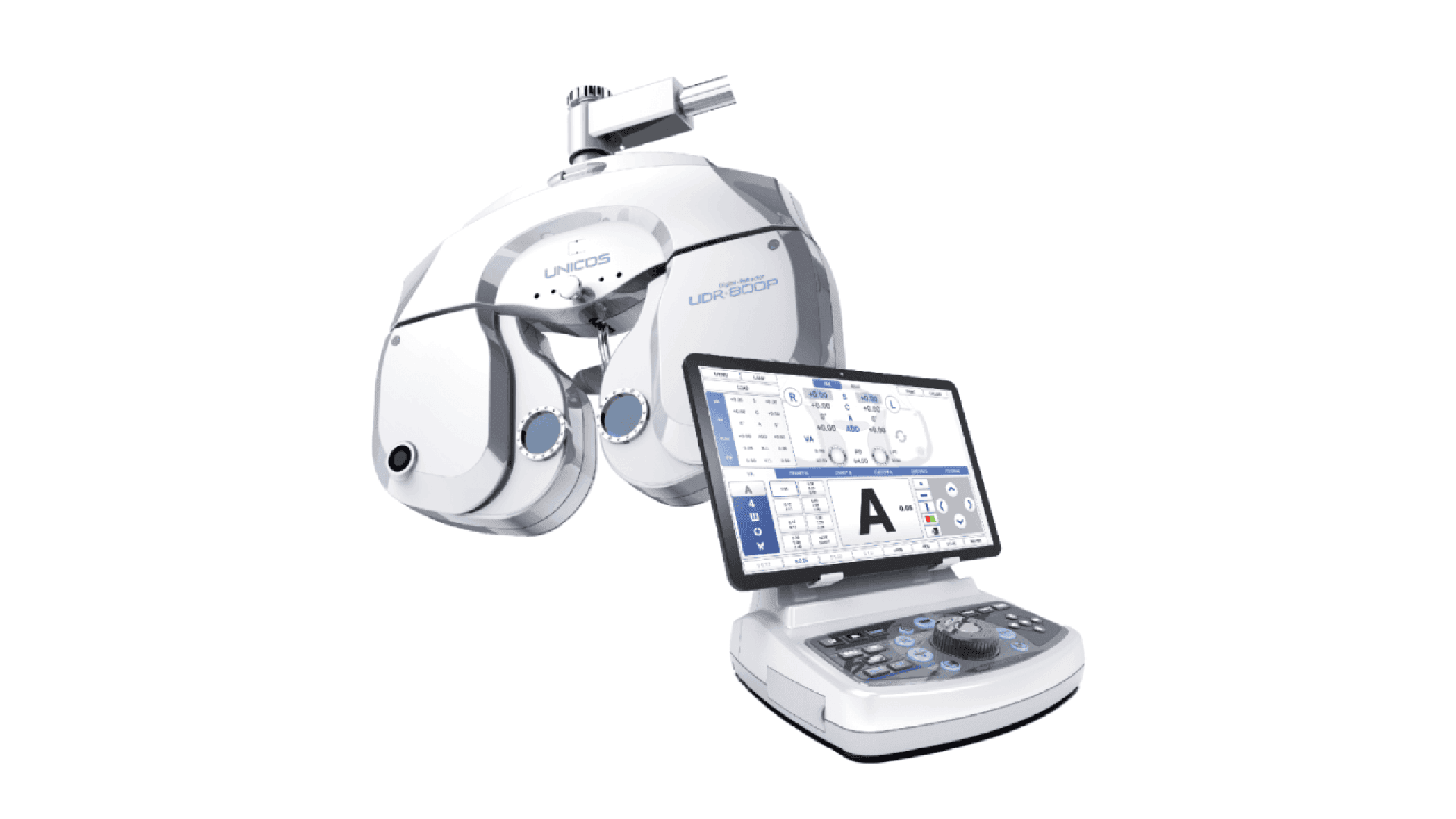 A digital phoropter with a connected touchscreen control panel displaying eye exam charts and controls, used for vision testing and prescription determination.