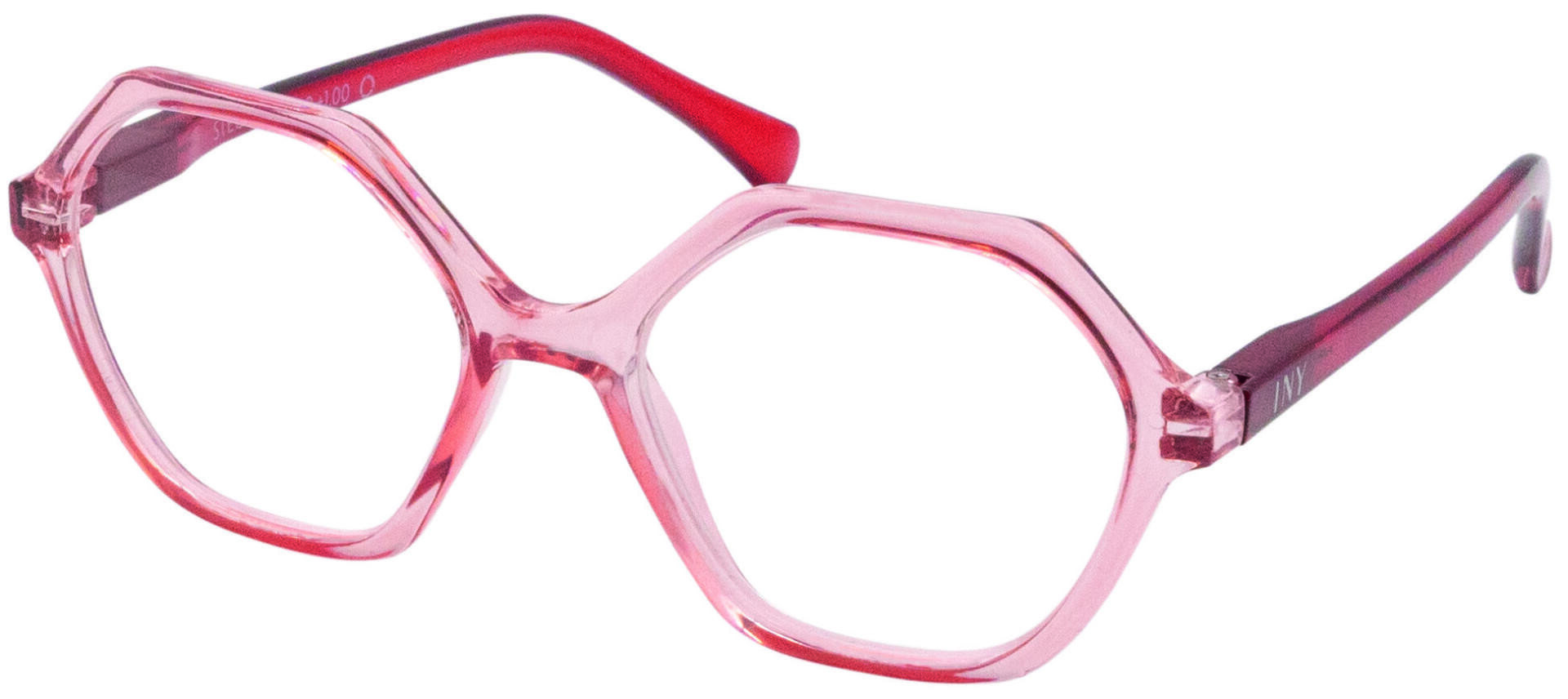 Rosafarbene geometrische Brille mit achteckigem Rahmen und etwas dunkleren rosafarbenen Bügeln auf weißem Hintergrund.
