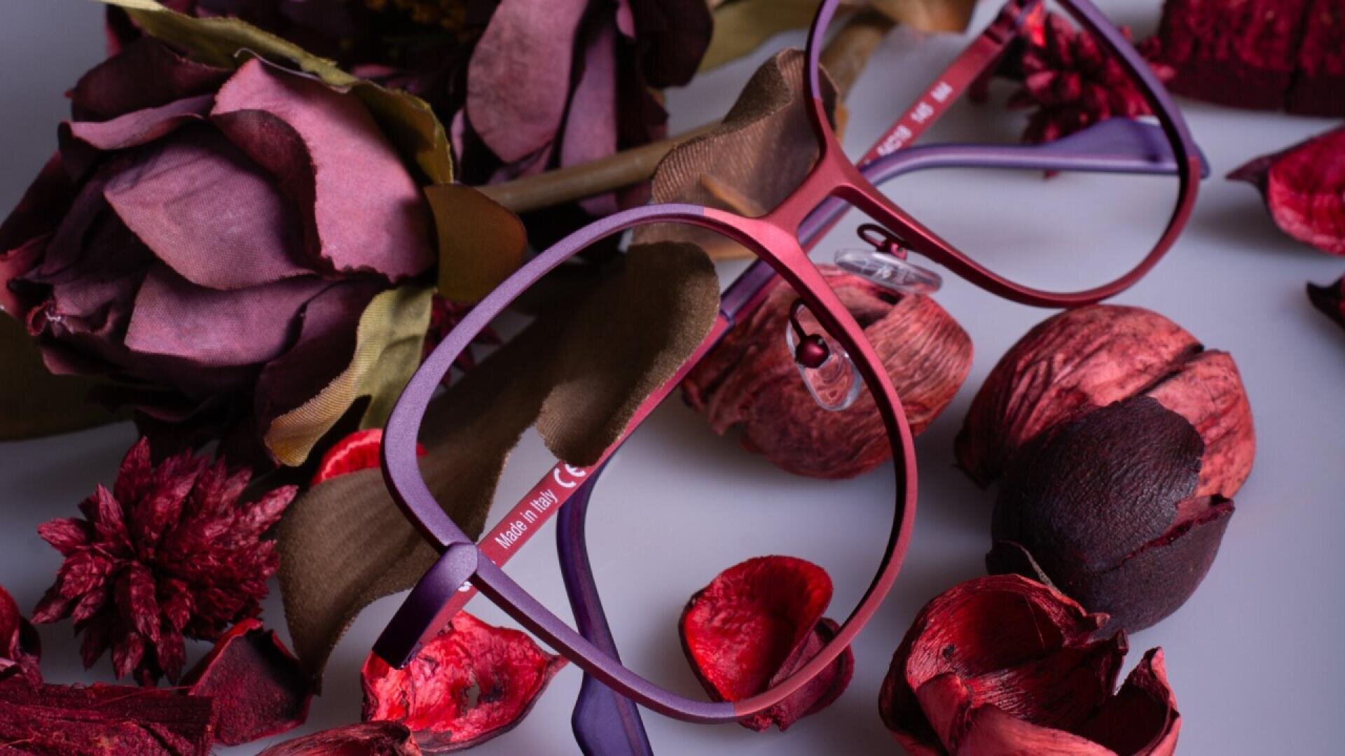 Eine Brille mit rotem Rahmen liegt zwischen getrockneten, tiefroten und violetten Blüten und Blütenblättern auf einer hellen Unterlage. Das Arrangement erzeugt eine kunstvolle, herbstliche Atmosphäre.