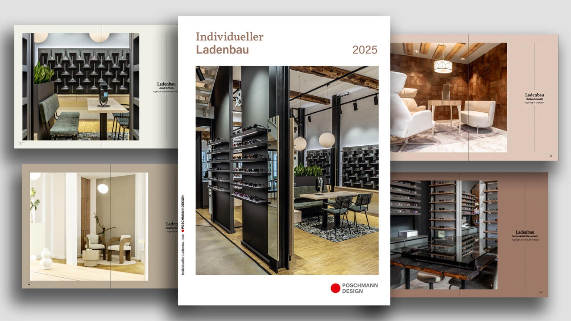 Ein Katalogcover und vier Innenseiten zeigen modernes Retail- und Interior-Design mit stilvollen Möbeln, Regalen und dekorativer Beleuchtung. Der Katalogtitel lautet „Individueller Ladenbau 2025 by POSCHMANN DESIGN“.